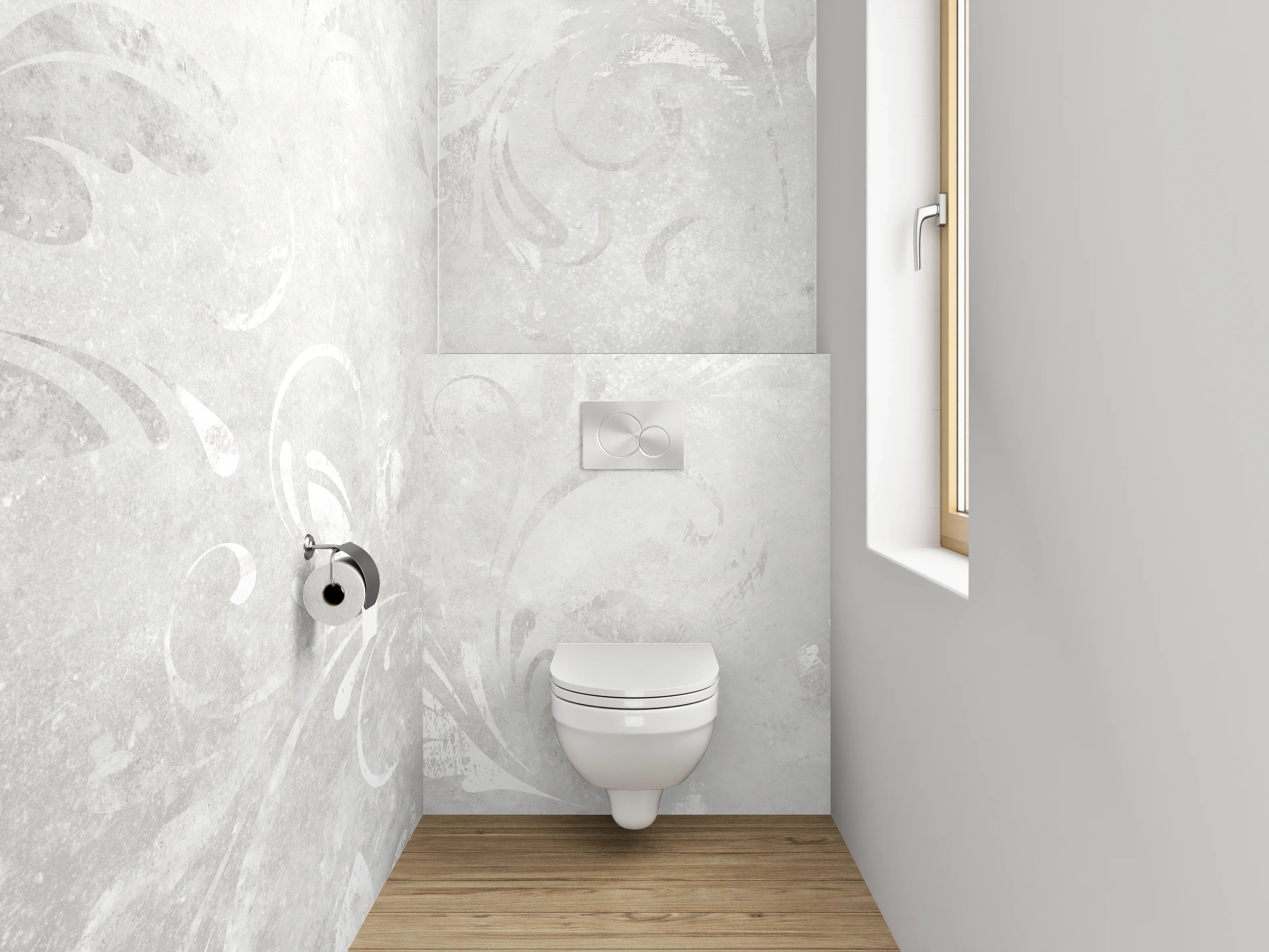 WC-Rückwand - Elegantes Weiß-Grau Ornament Design