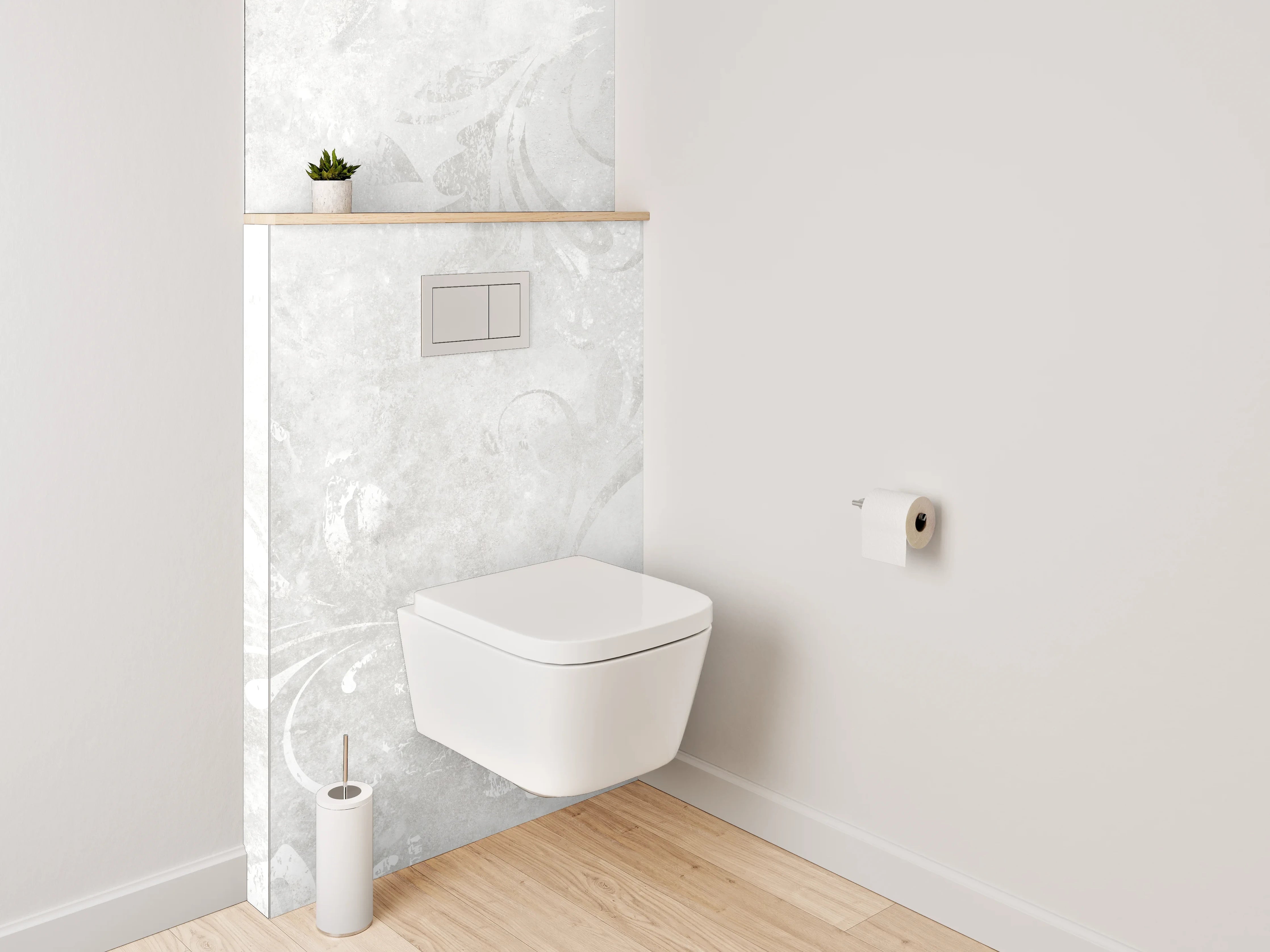 WC-Rückwand - Elegantes Weiß-Grau Ornament Design