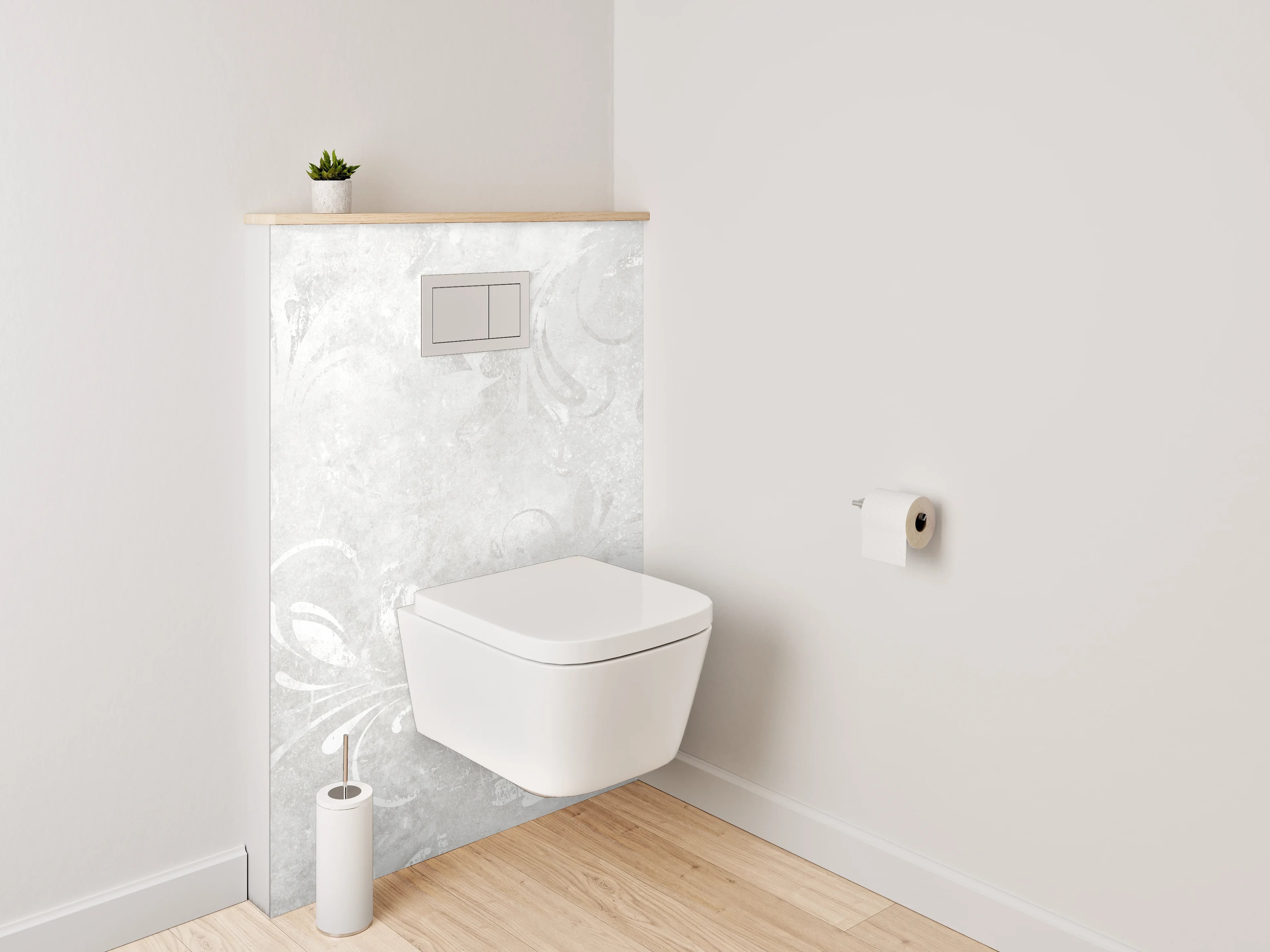 WC-Rückwand - Elegantes Weiß-Grau Ornament Design