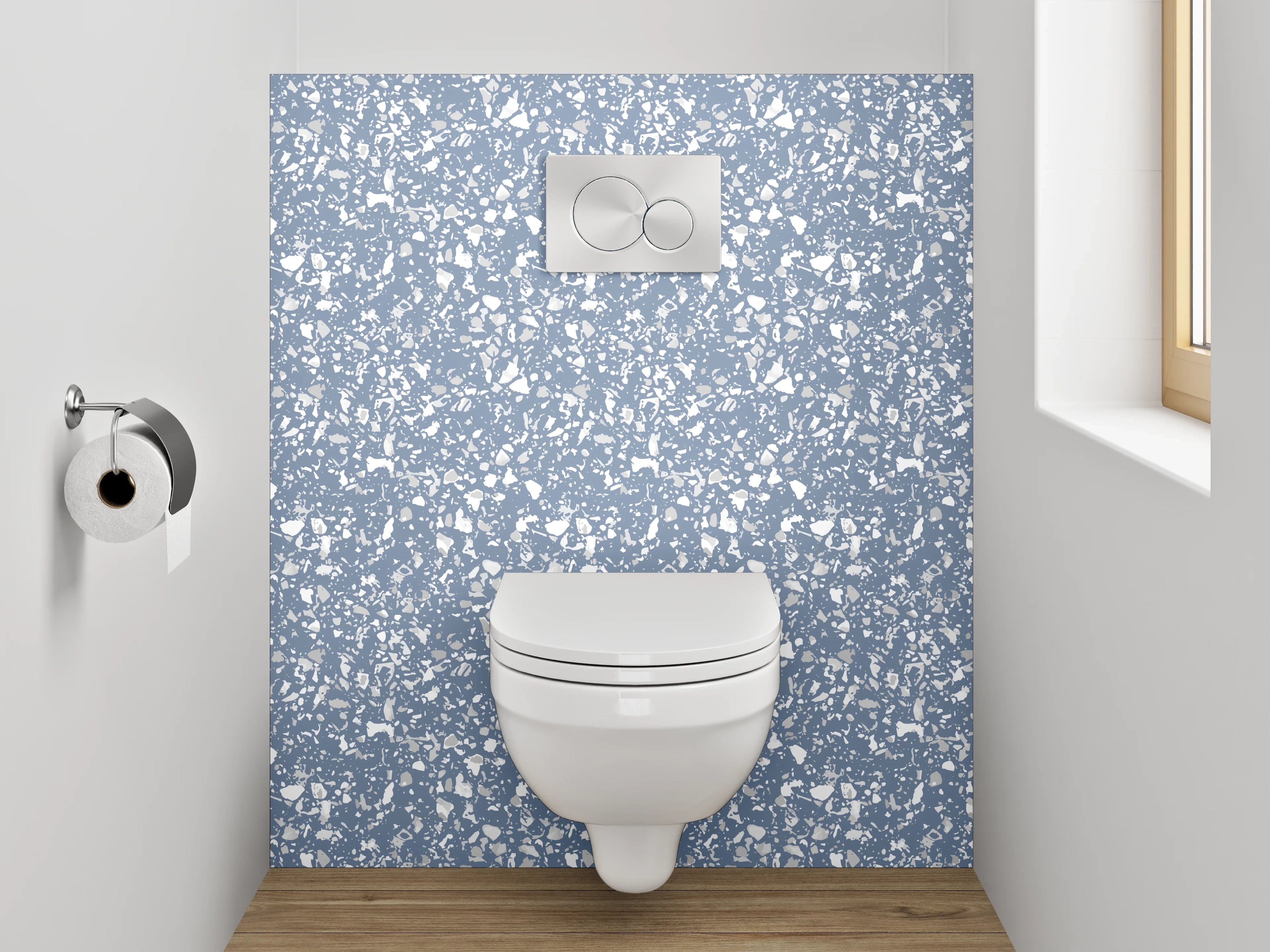WC-Rückwand - Elegantes blau-weißes Blütenmuster