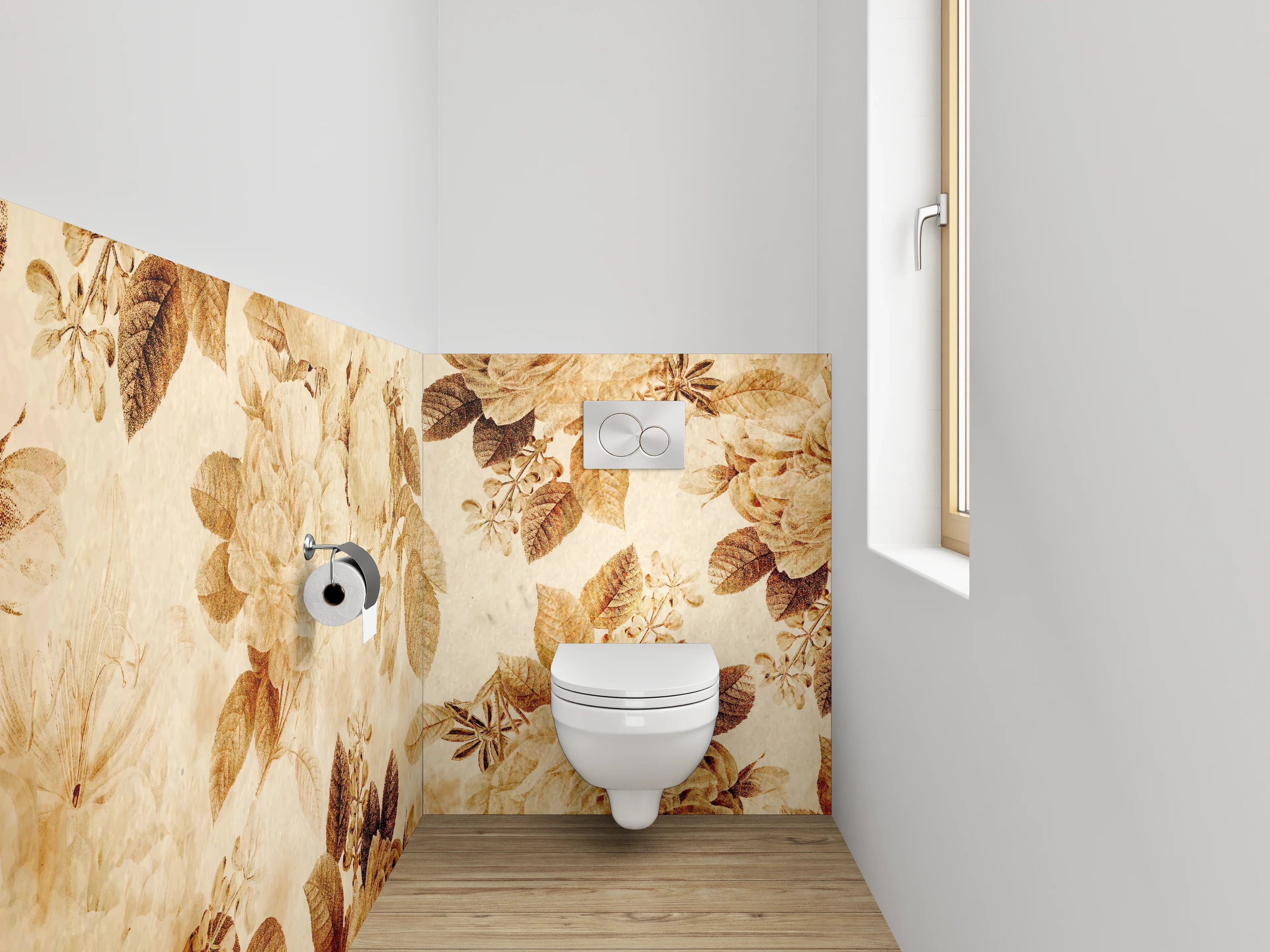 WC-Rückwand - Elegantes florales Design in warmen Beige- und Brauntönen