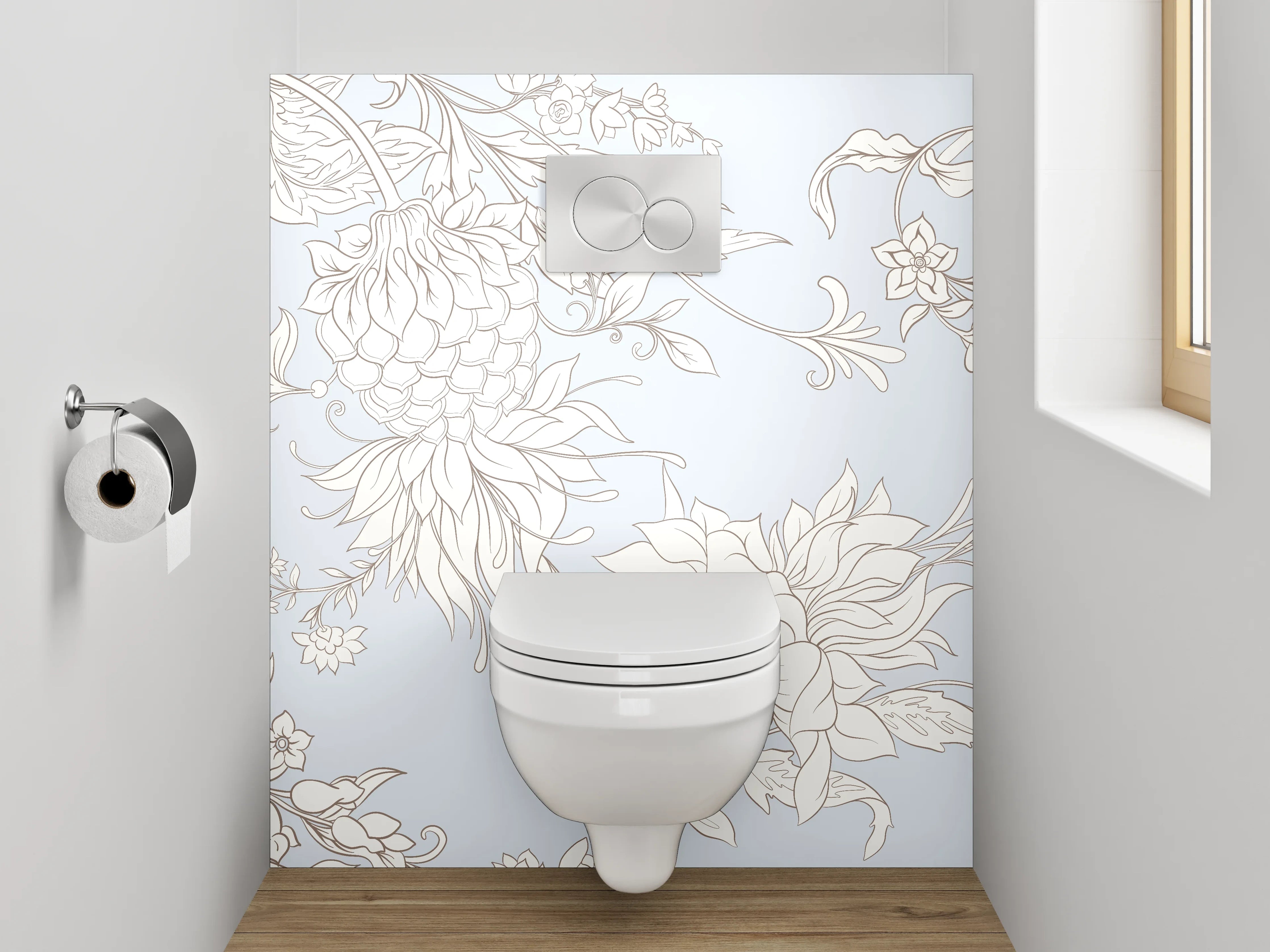 WC-Rückwand - Elegantes florales Lineart-Design in Weiß