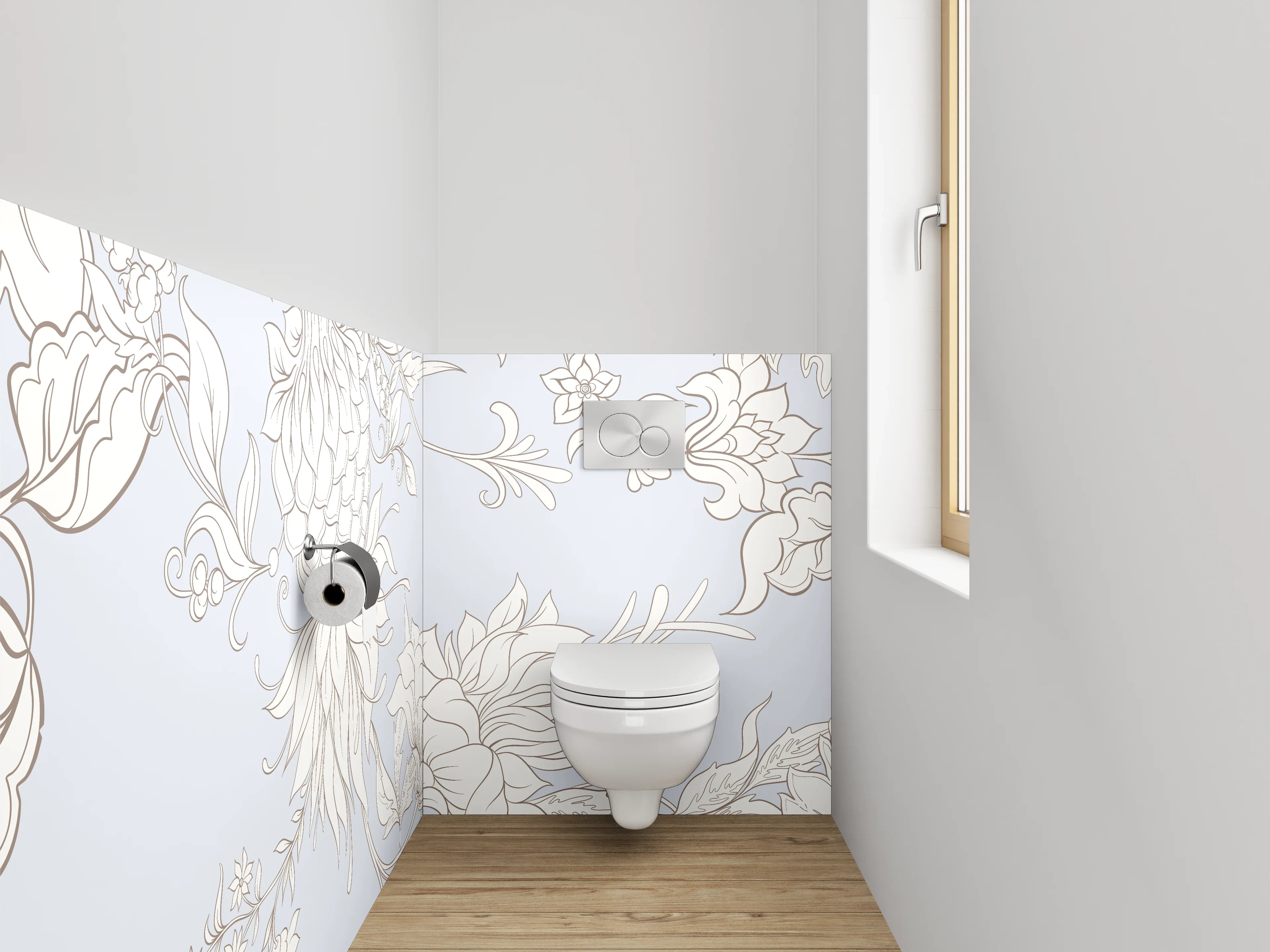 WC-Rückwand - Elegantes florales Lineart-Design in Weiß