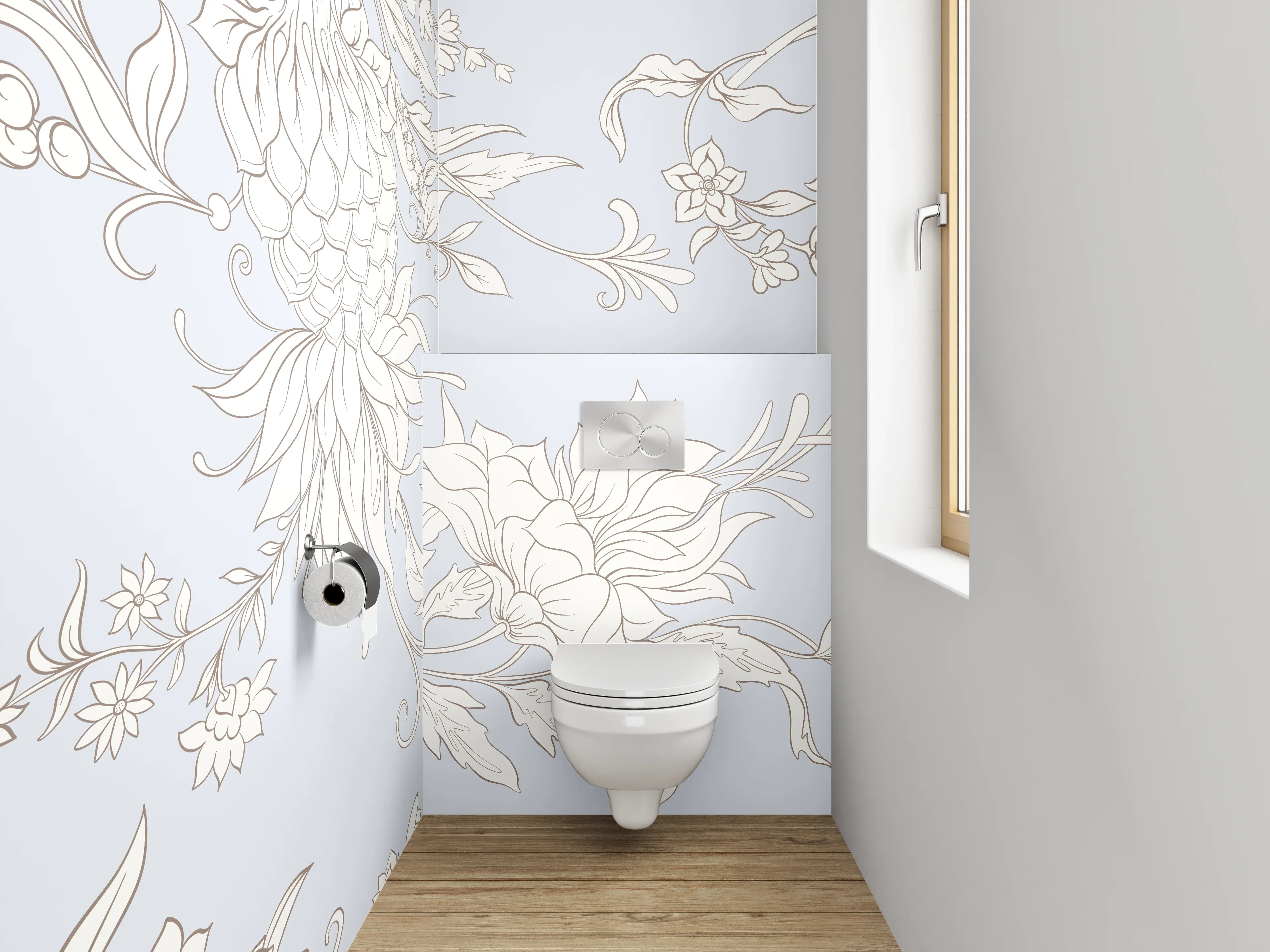 WC-Rückwand - Elegantes florales Lineart-Design in Weiß