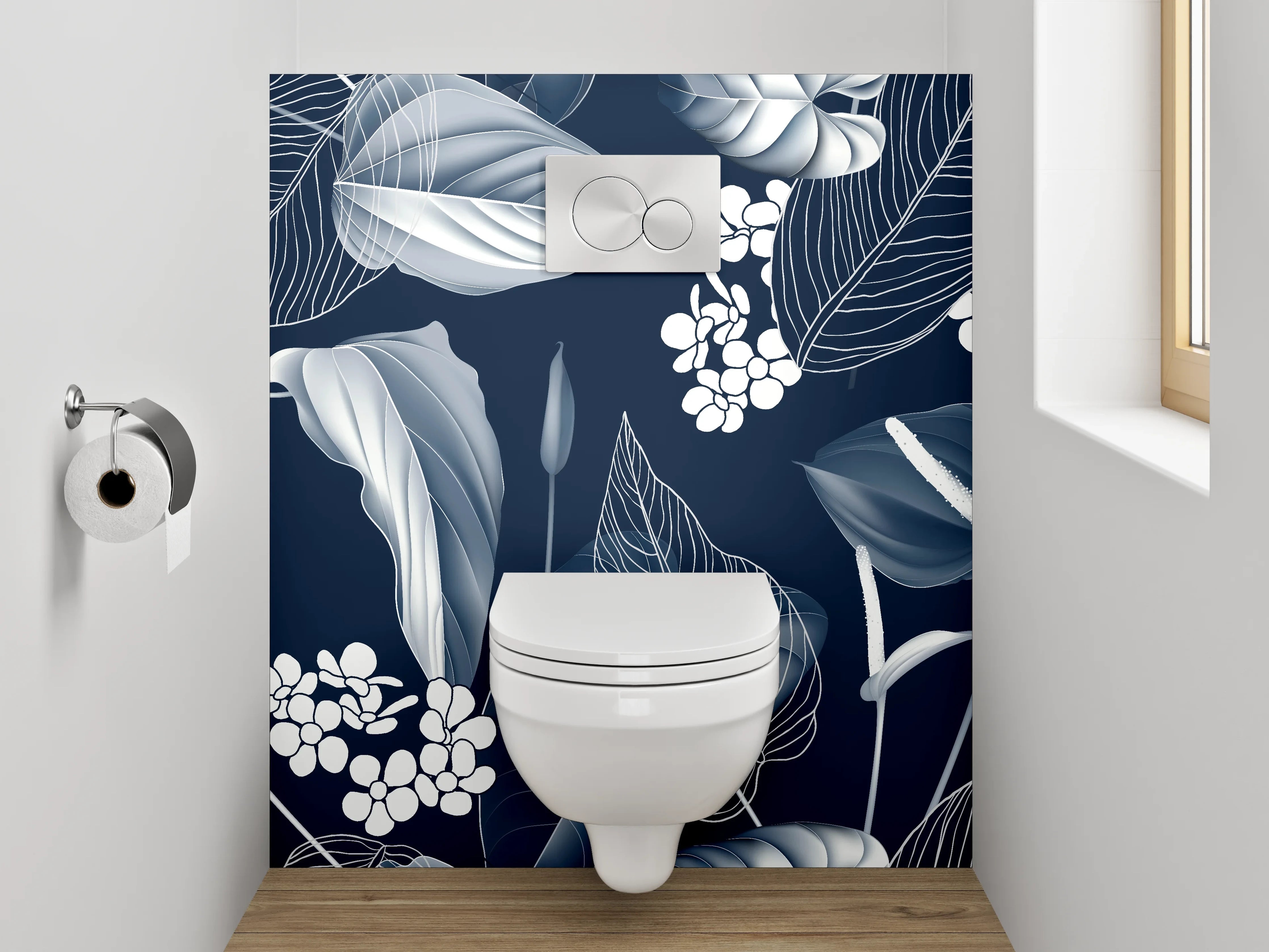 WC-Rückwand - Elegantes florales Lineart-Muster Schwarz-Weiß
