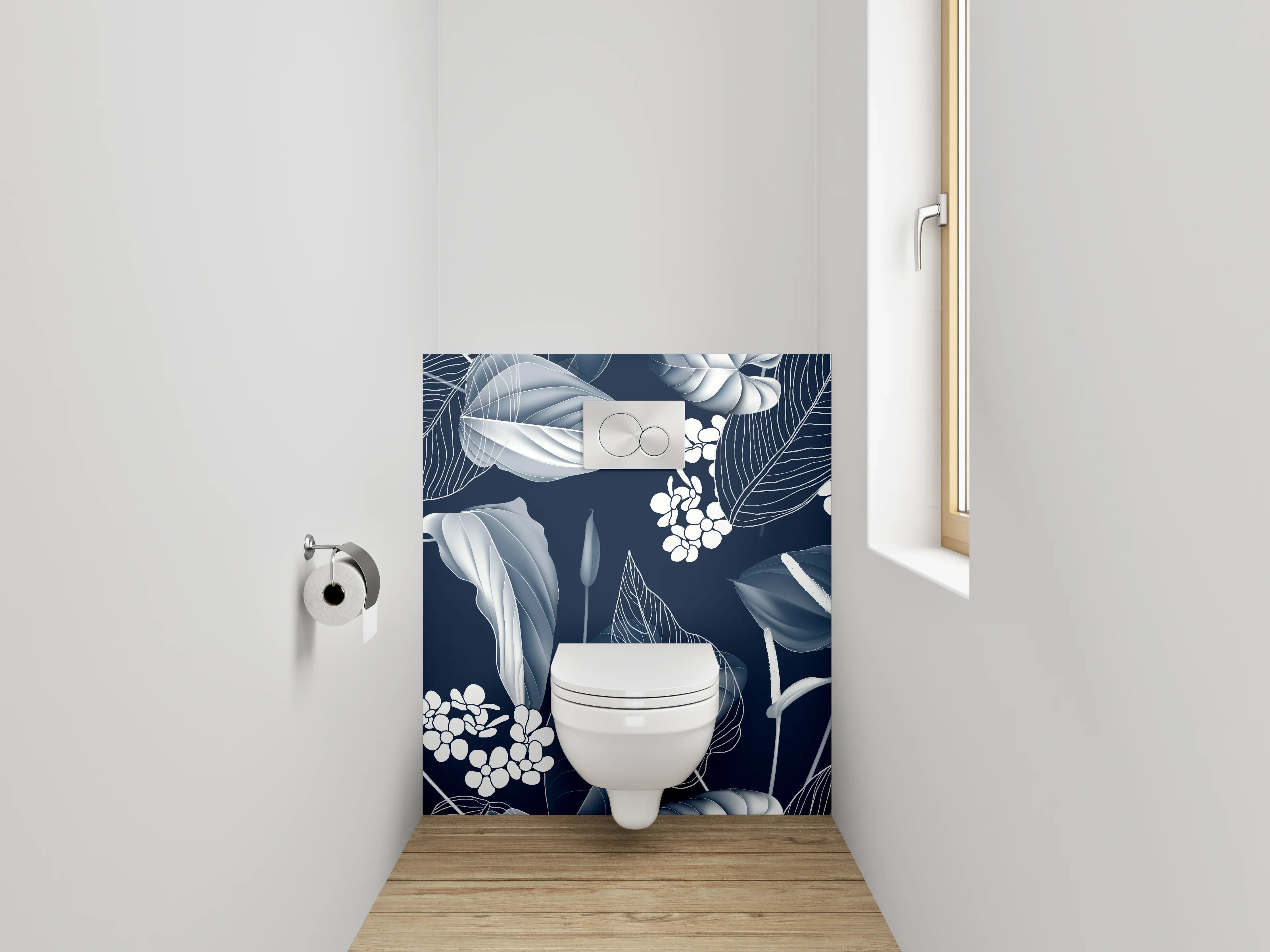 WC-Rückwand - Elegantes florales Lineart-Muster Schwarz-Weiß