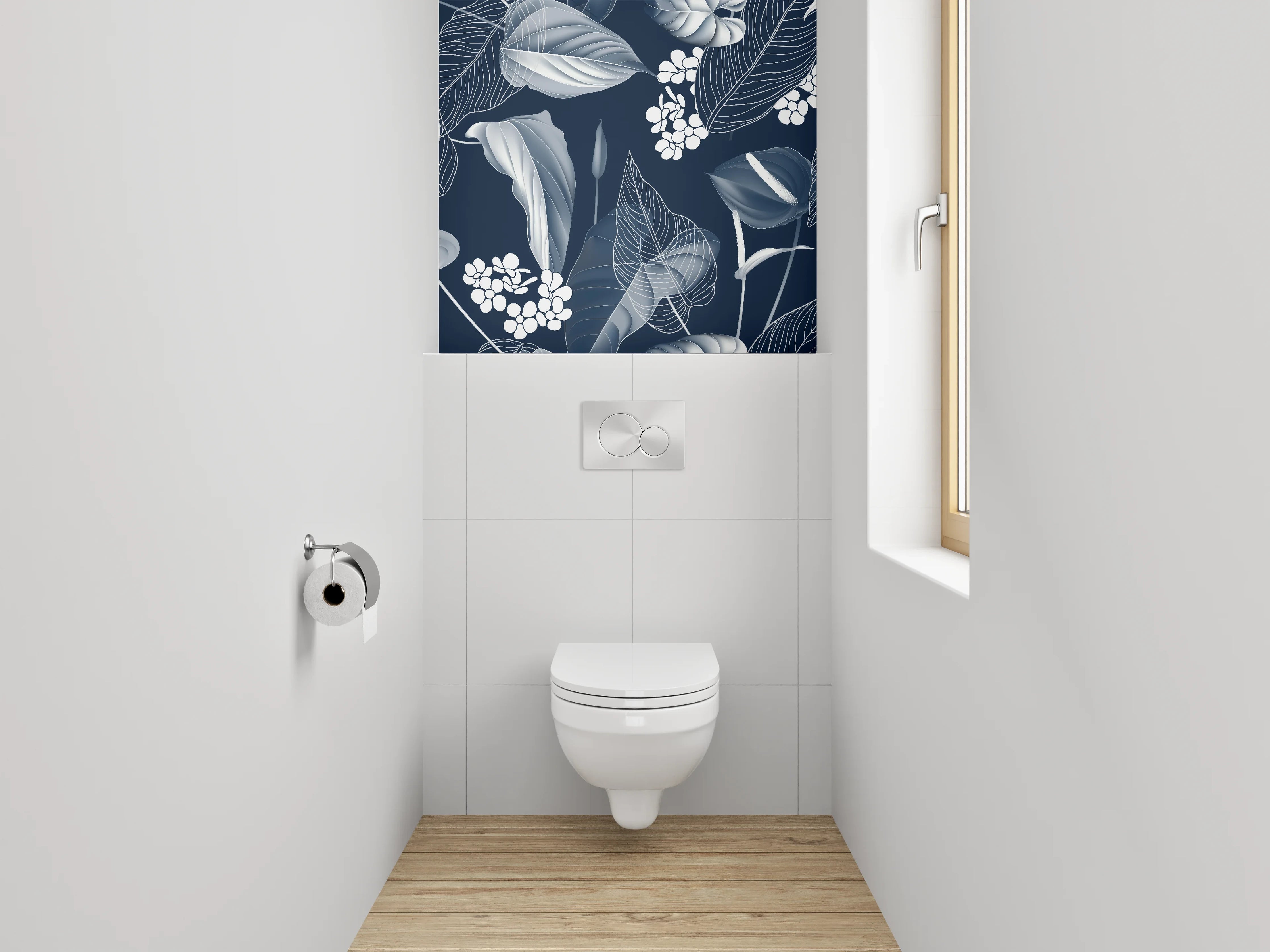 WC-Rückwand - Elegantes florales Lineart-Muster Schwarz-Weiß