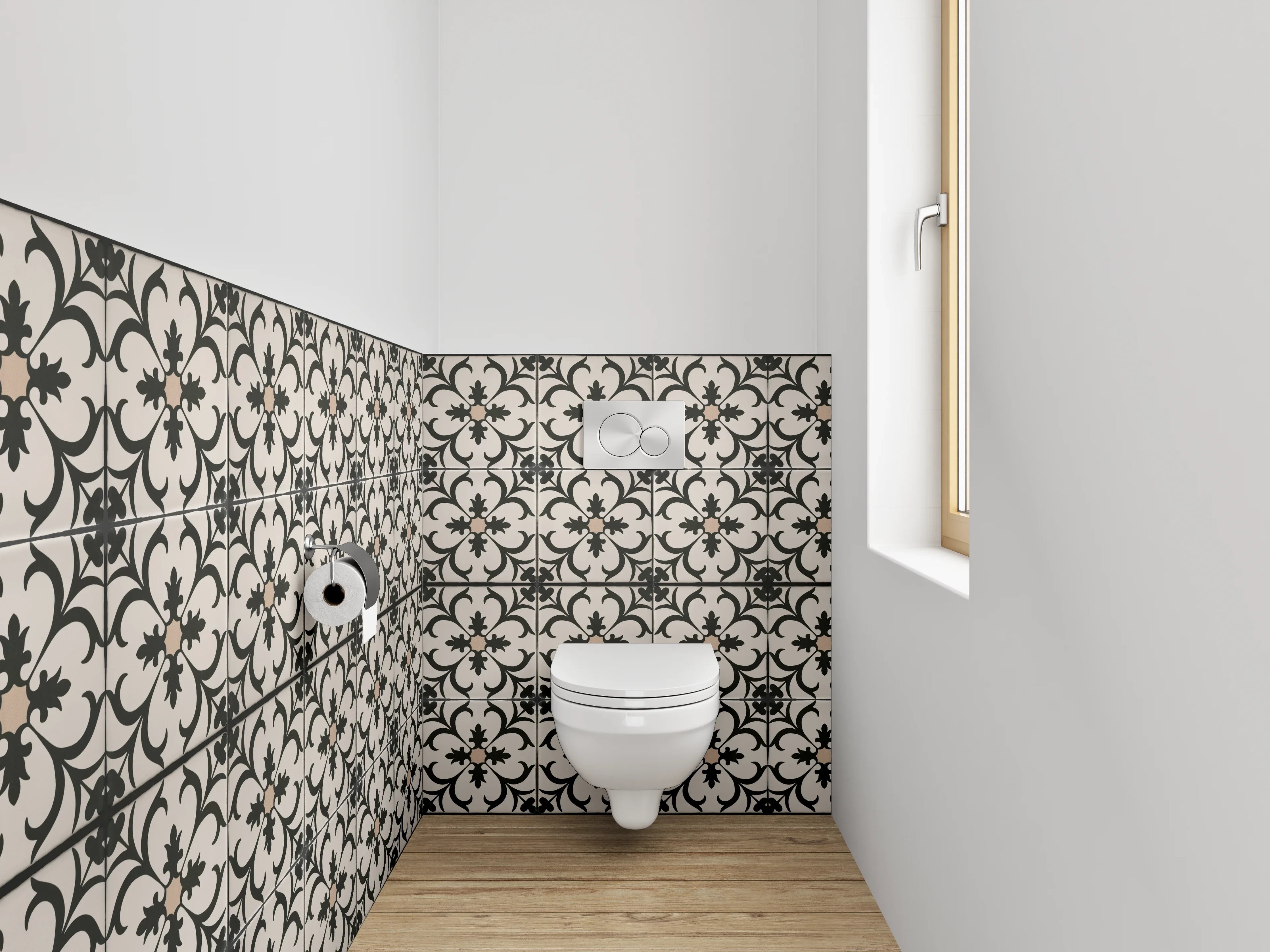 WC-Rückwand - Elegantes florales Ornamentmuster Schwarz-Weiß