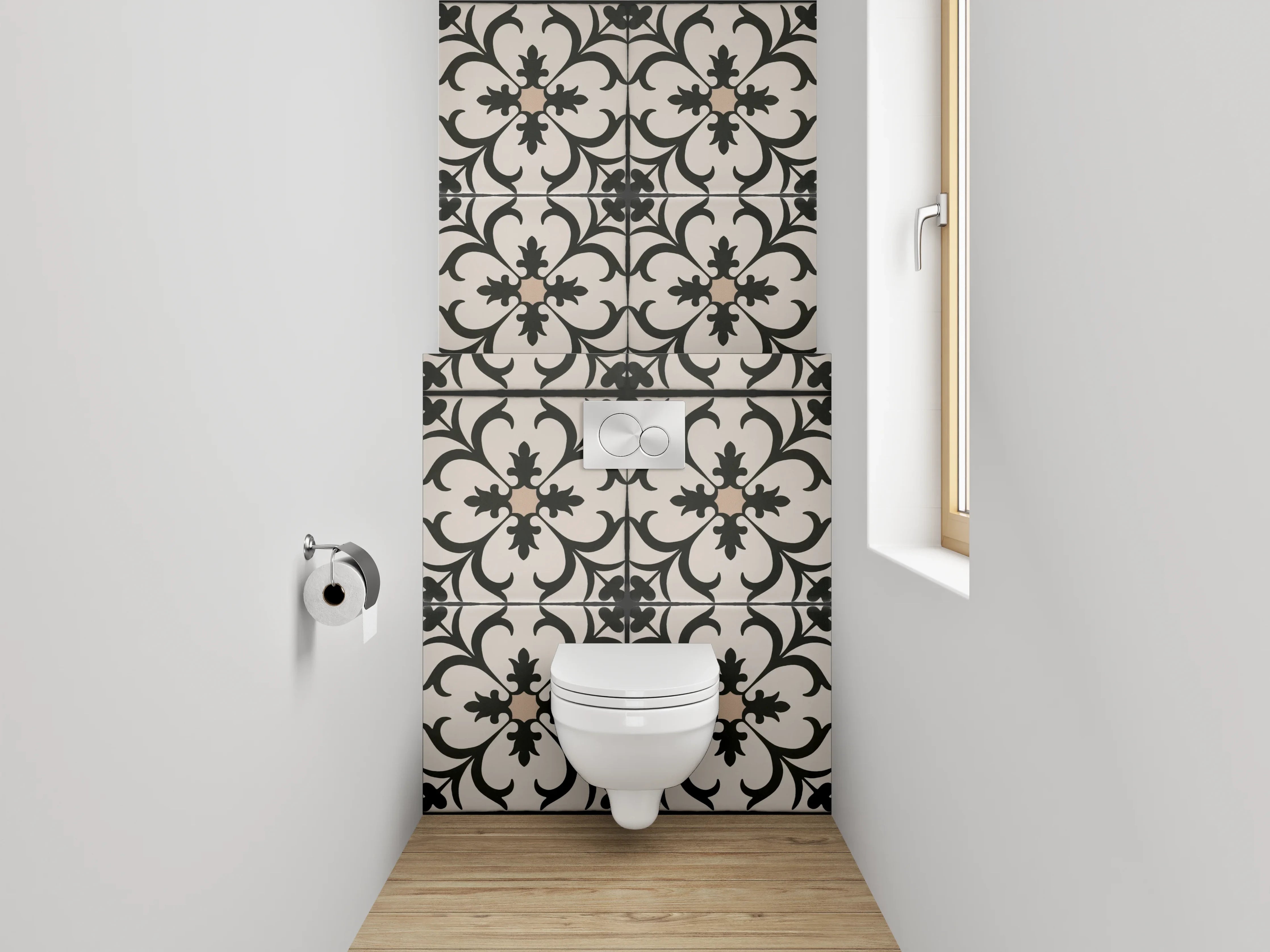 WC-Rückwand - Elegantes florales Ornamentmuster Schwarz-Weiß