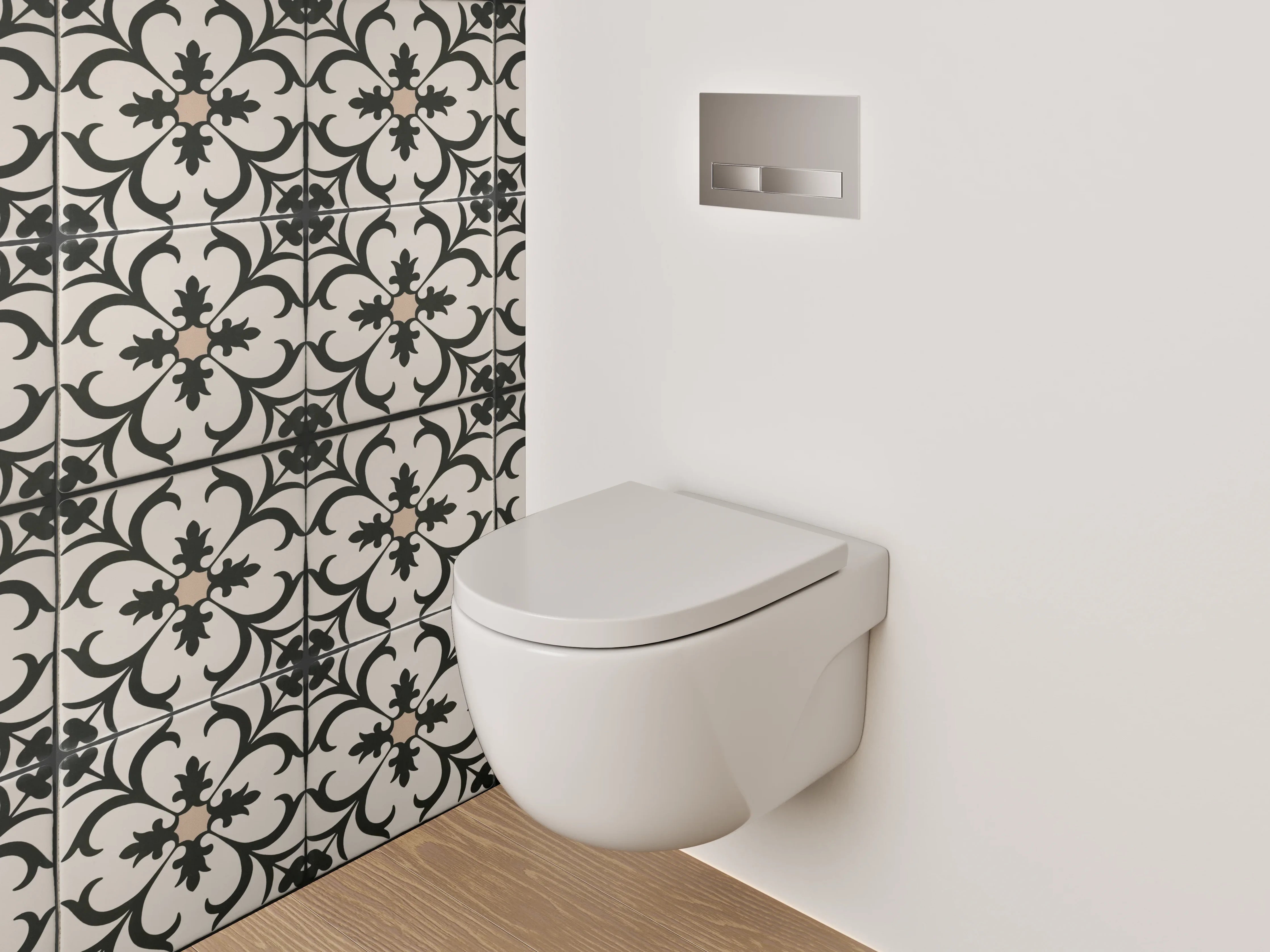 WC-Rückwand - Elegantes florales Ornamentmuster Schwarz-Weiß