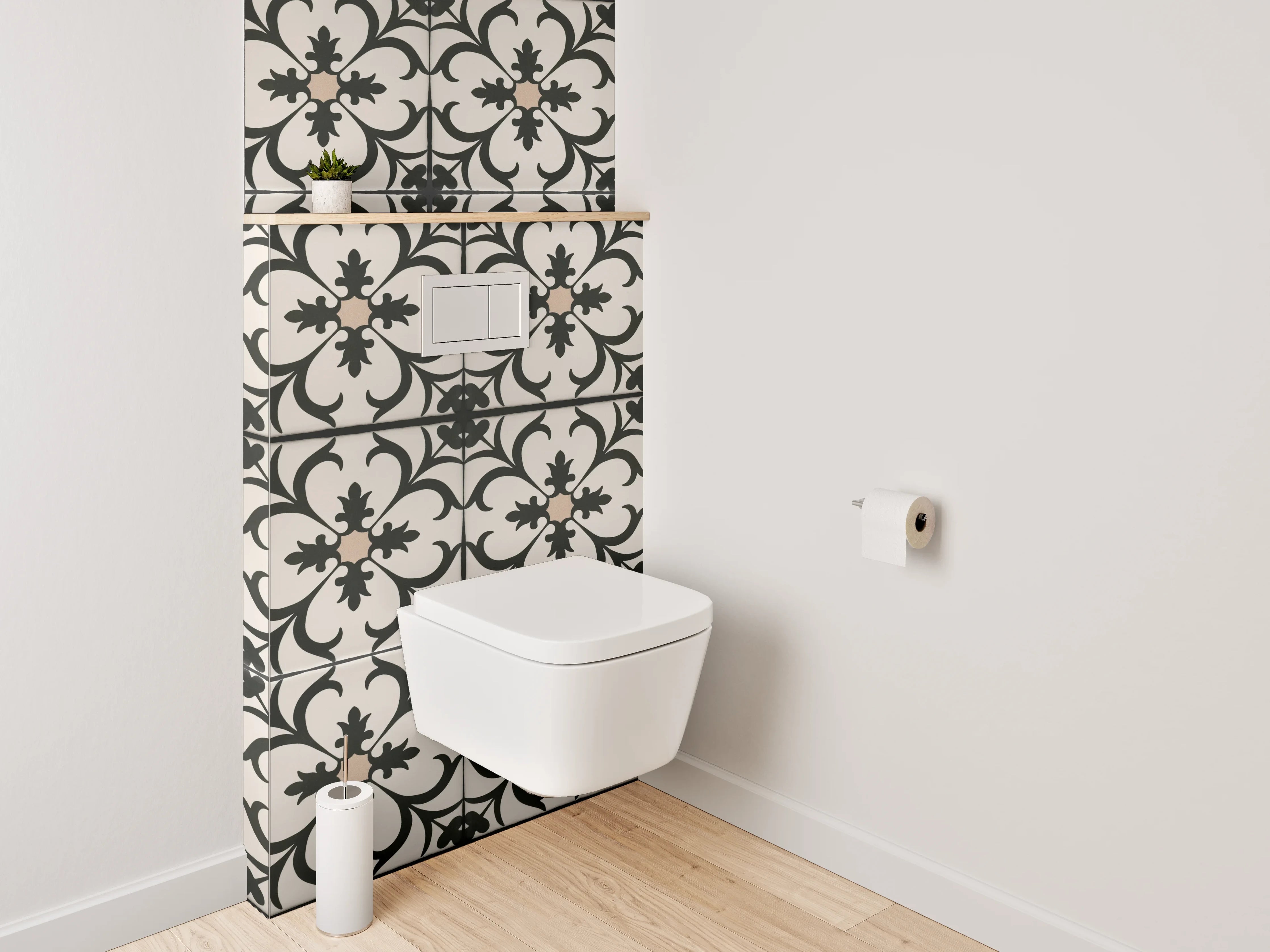 WC-Rückwand - Elegantes florales Ornamentmuster Schwarz-Weiß