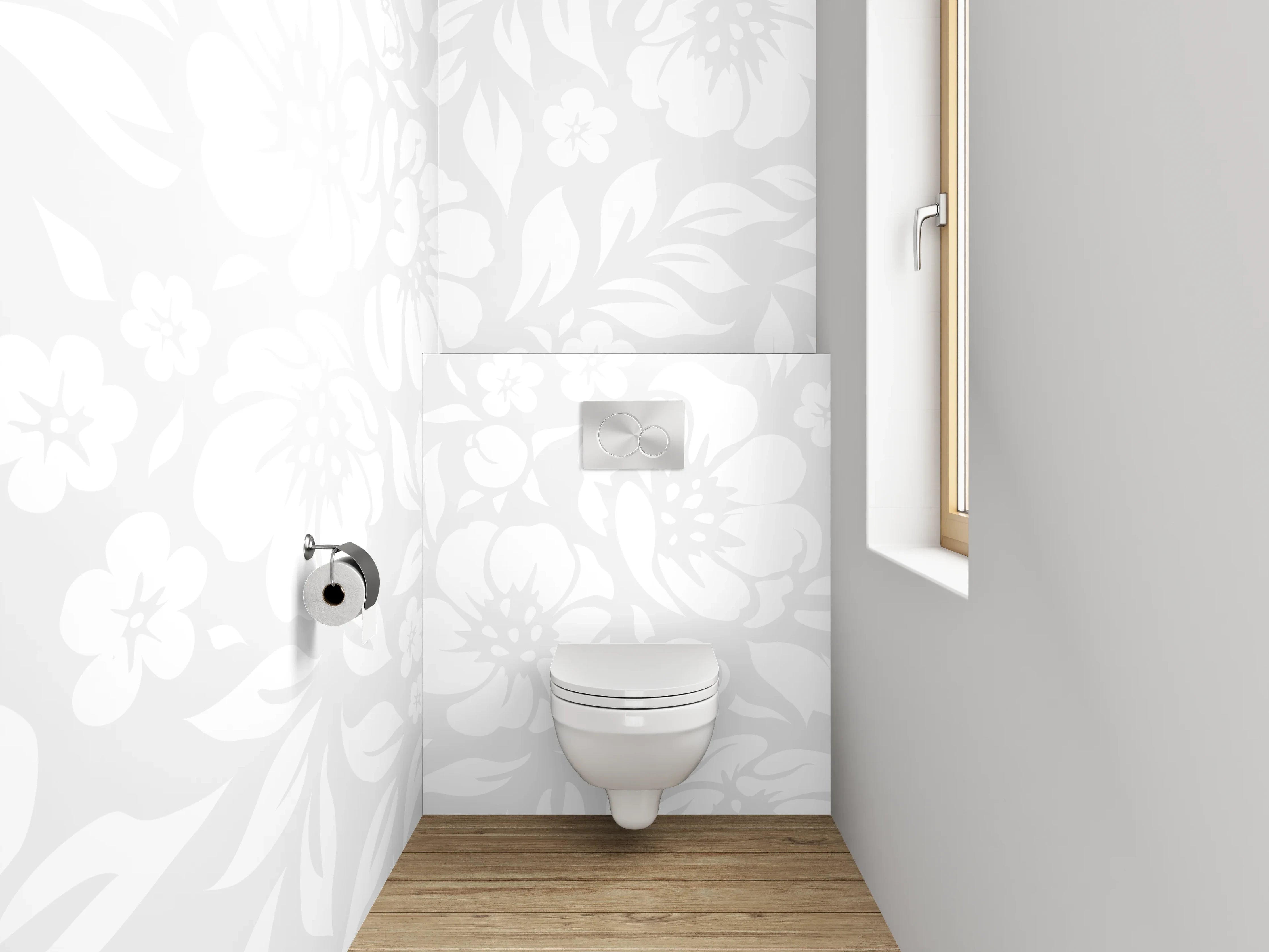 WC-Rückwand - Elegantes weiß-graues Blumenmuster Dekor