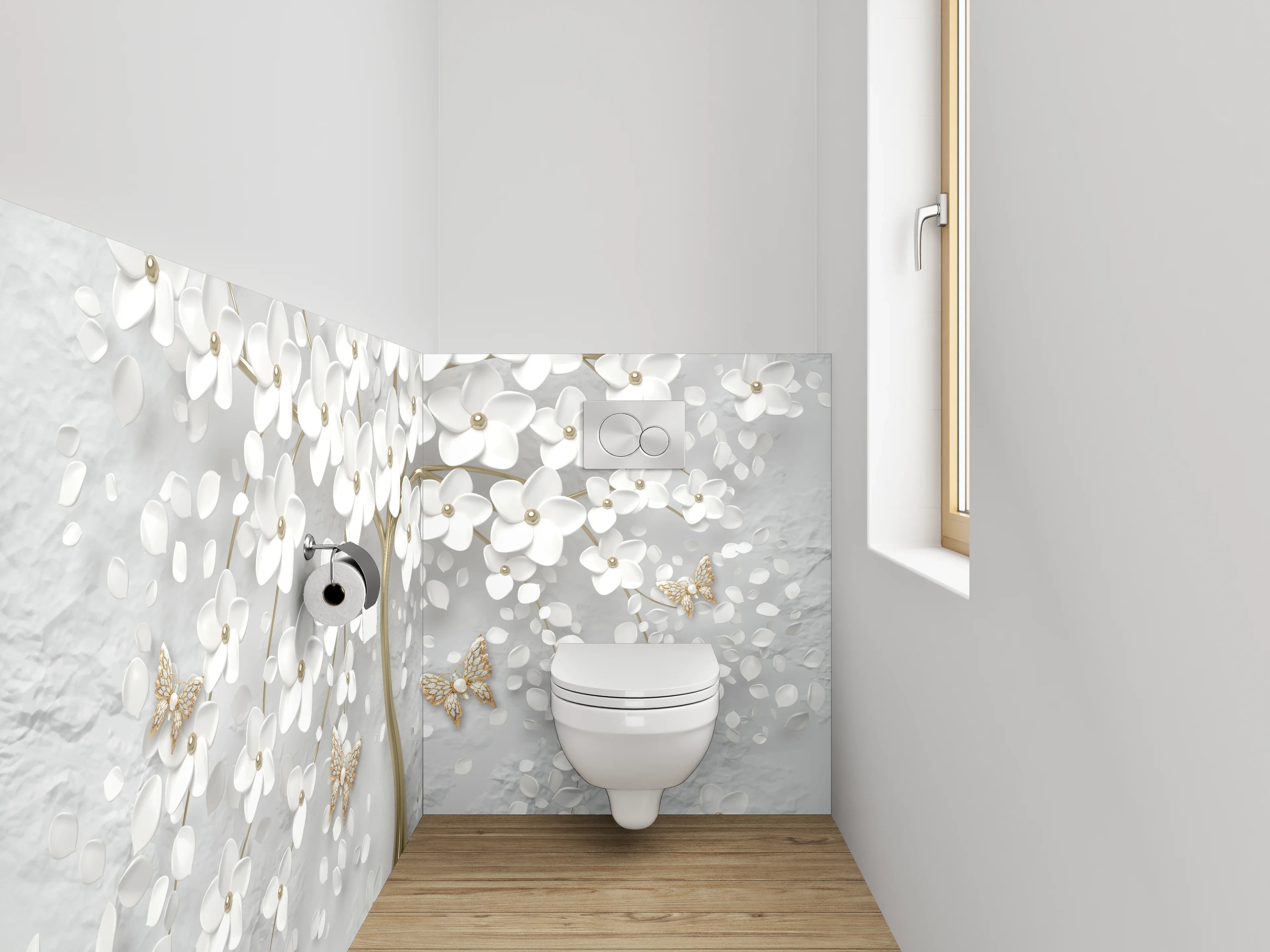 WC-Rückwand - Exklusive weiße Blütenbaum-Kunst mit Gold