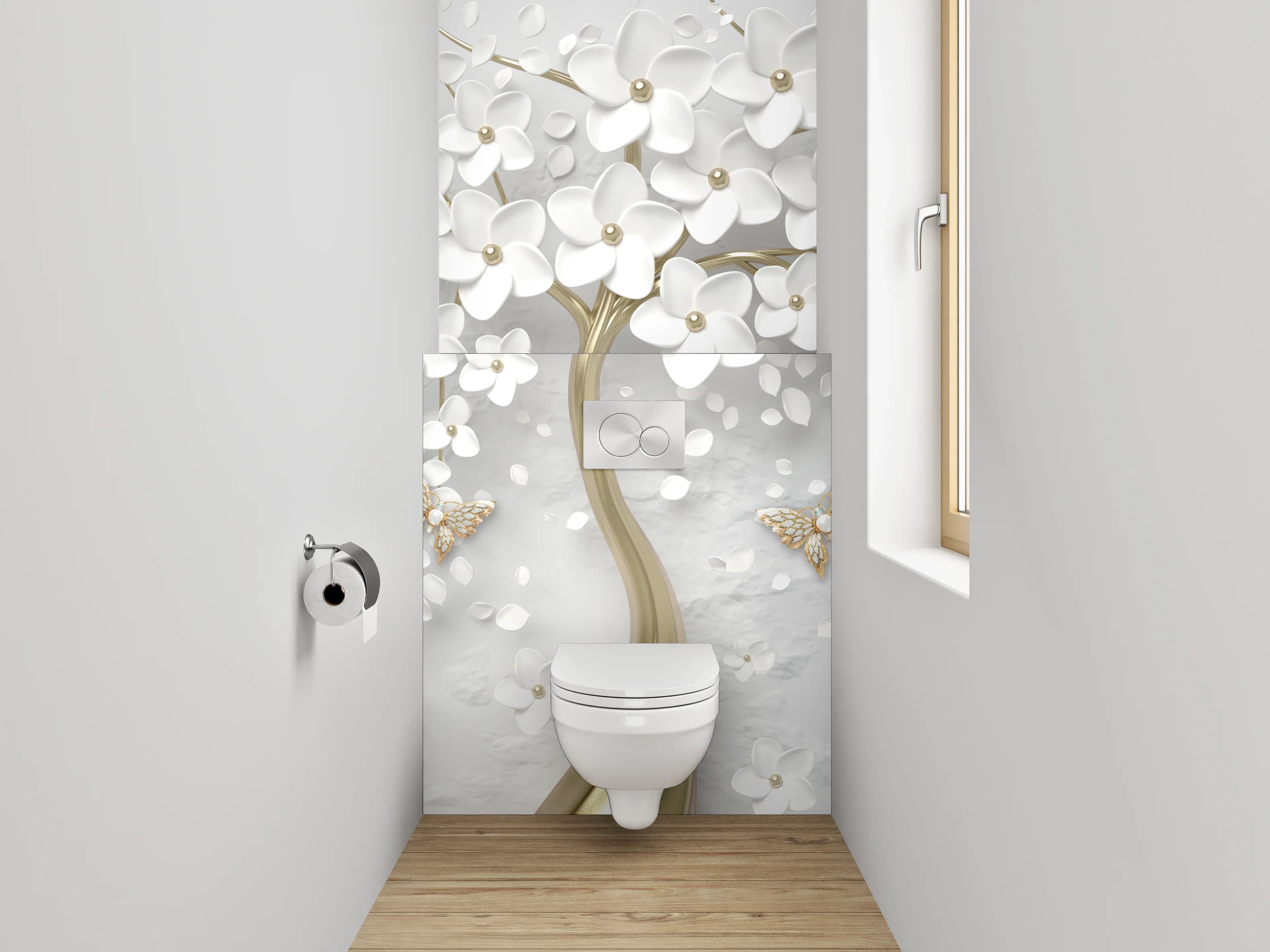WC-Rückwand - Exklusive weiße Blütenbaum-Kunst mit Gold