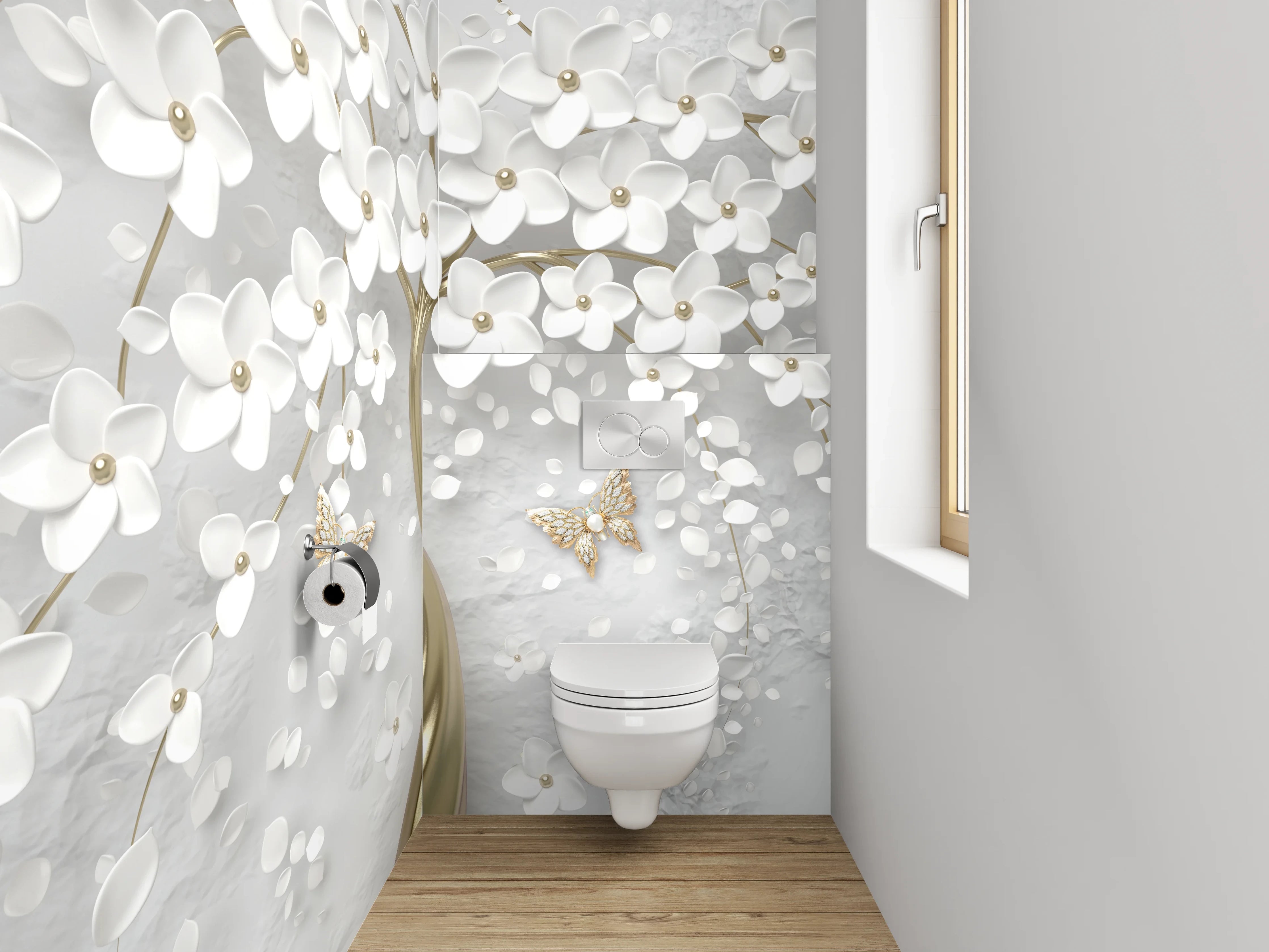 WC-Rückwand - Exklusive weiße Blütenbaum-Kunst mit Gold