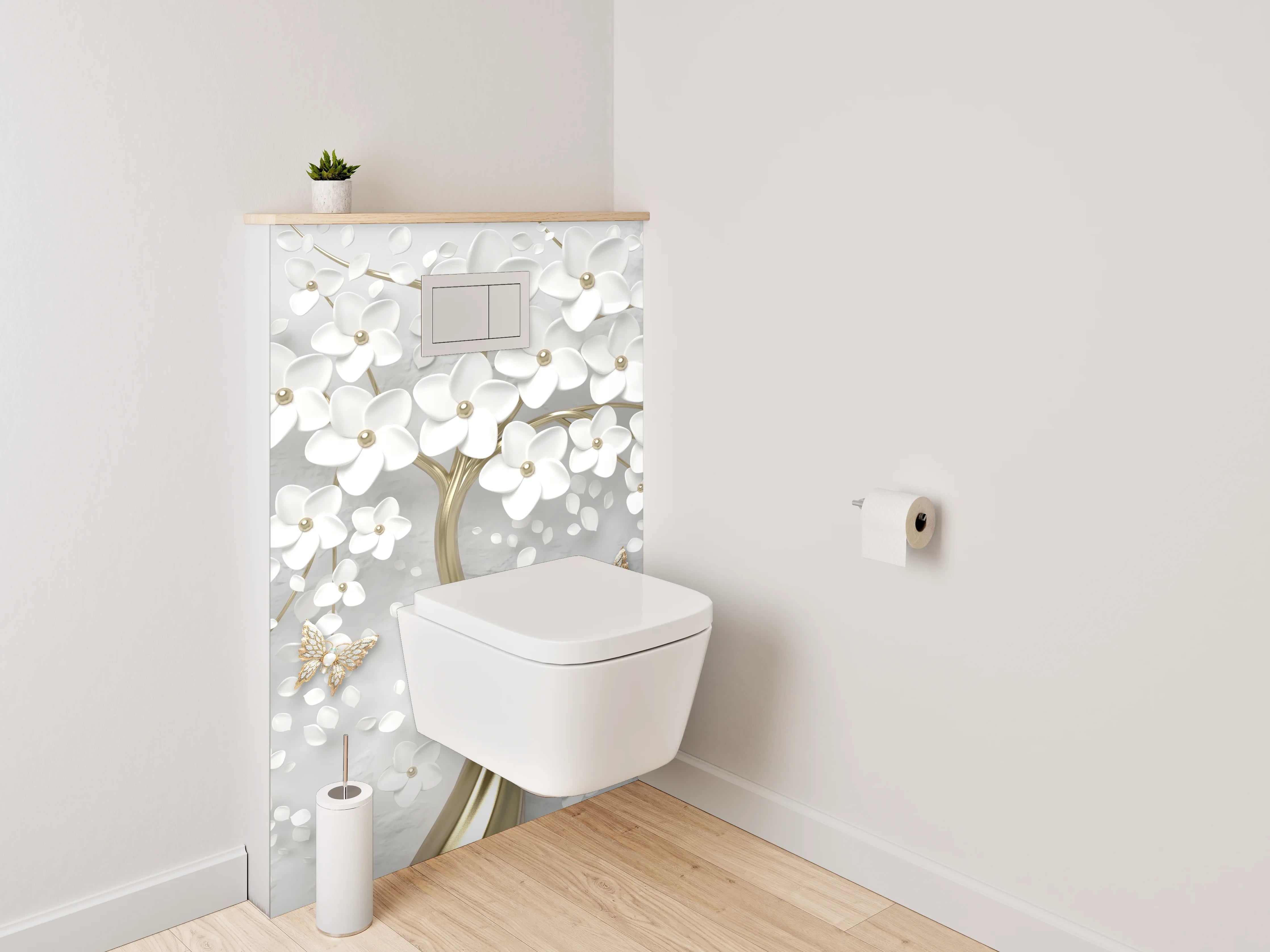 WC-Rückwand - Exklusive weiße Blütenbaum-Kunst mit Gold