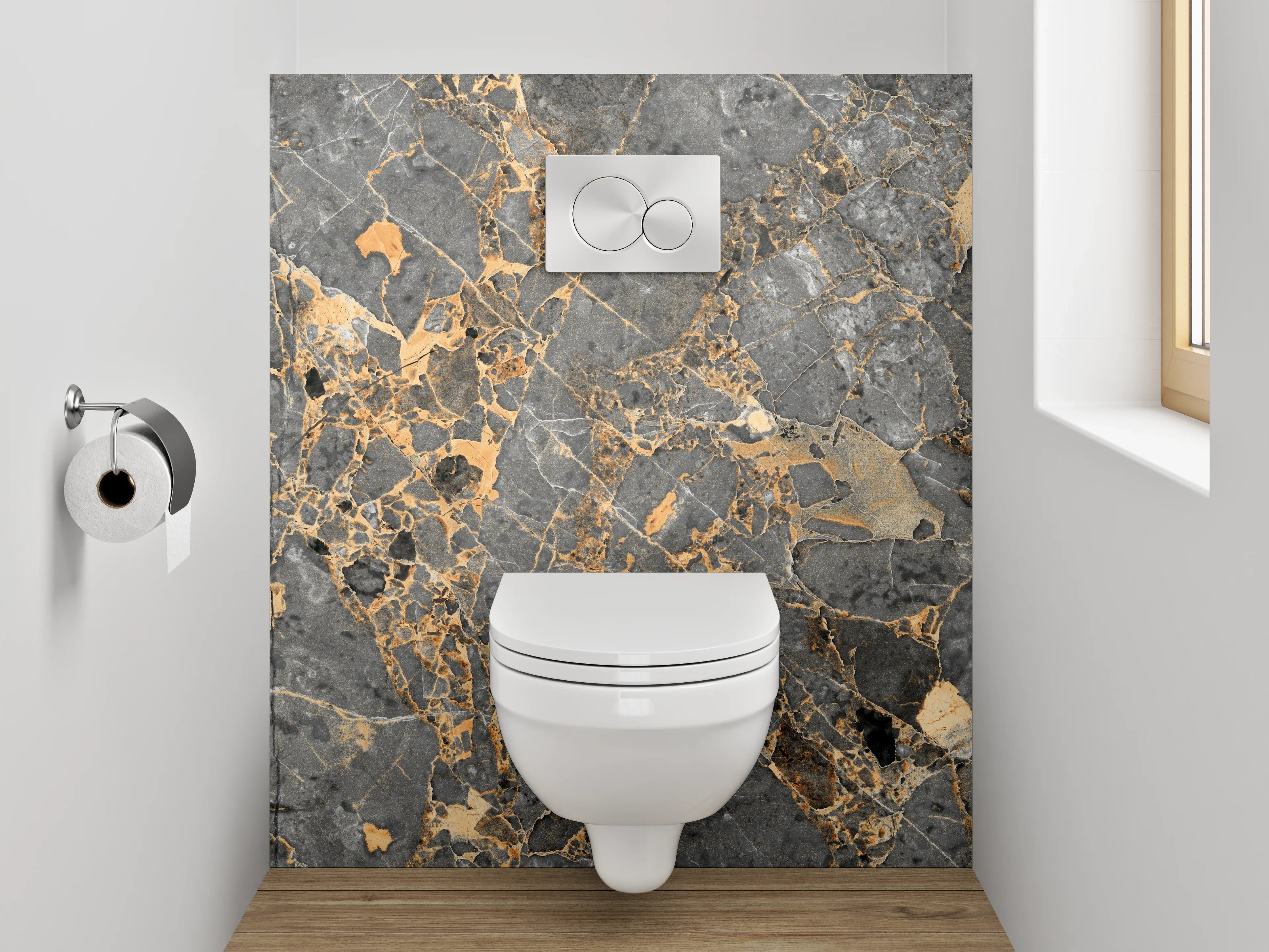 WC-Rückwand - Exklusiver grauer Marmor mit goldenen Adern