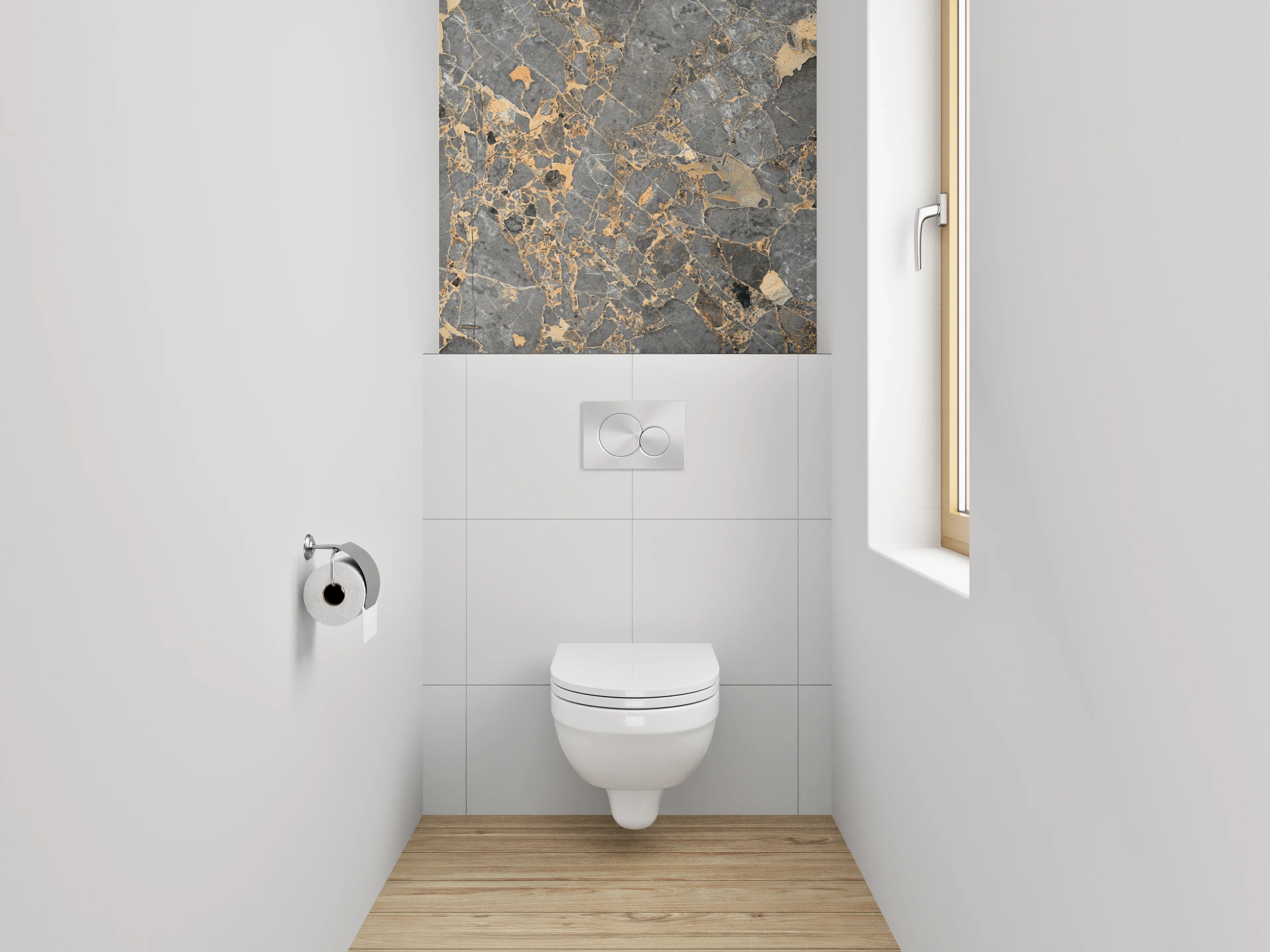 WC-Rückwand - Exklusiver grauer Marmor mit goldenen Adern