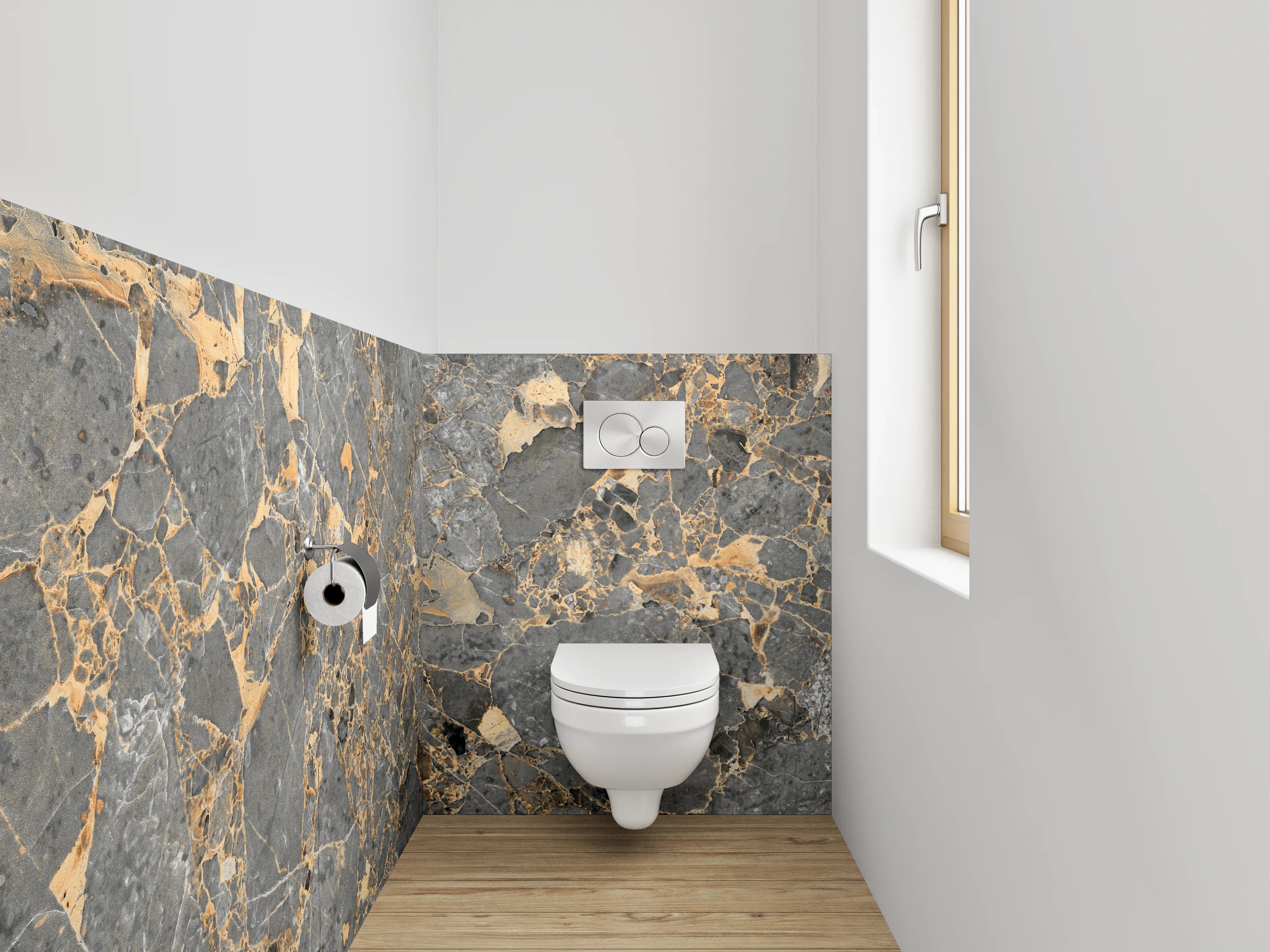 WC-Rückwand - Exklusiver grauer Marmor mit goldenen Adern