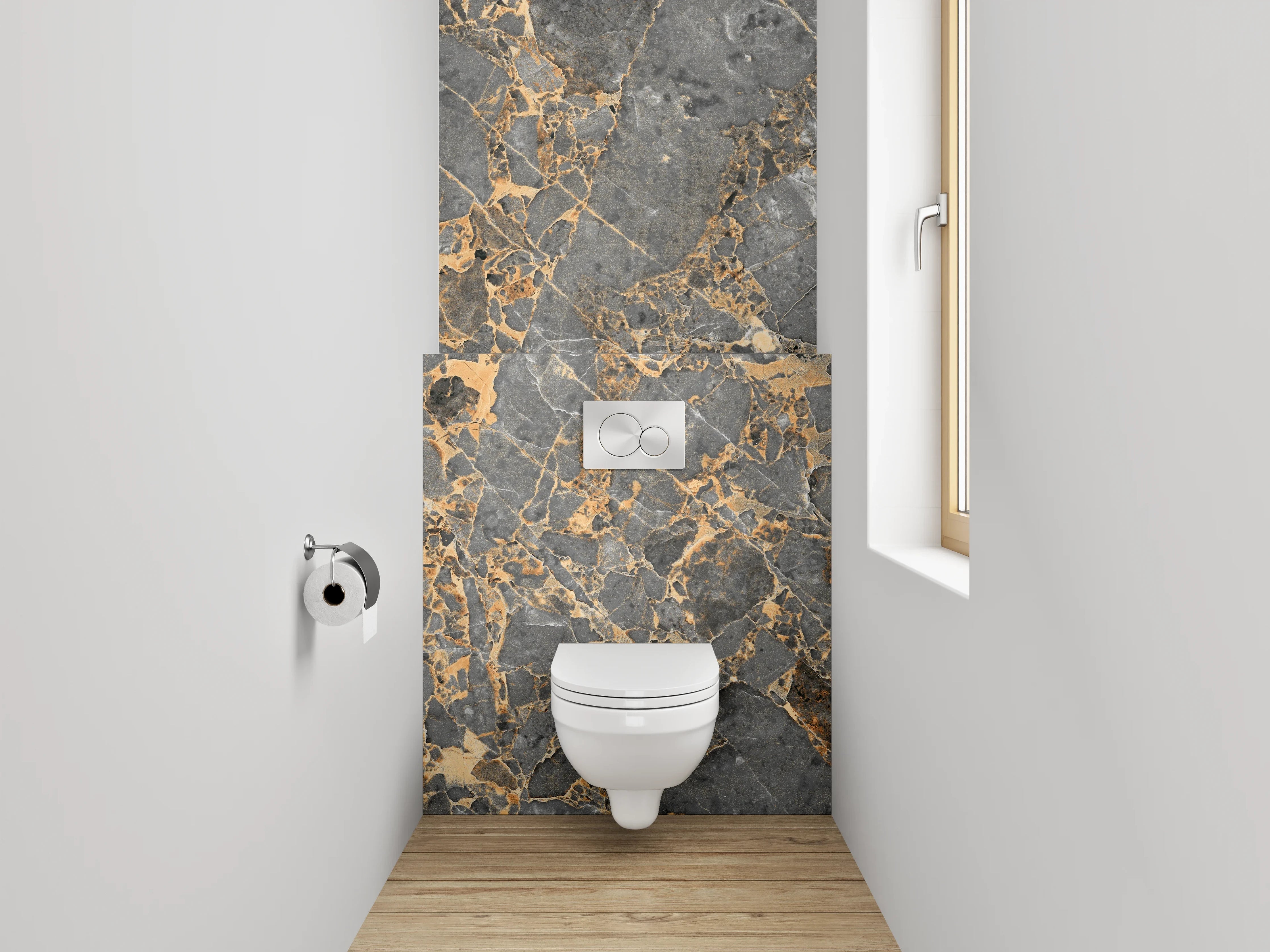 WC-Rückwand - Exklusiver grauer Marmor mit goldenen Adern