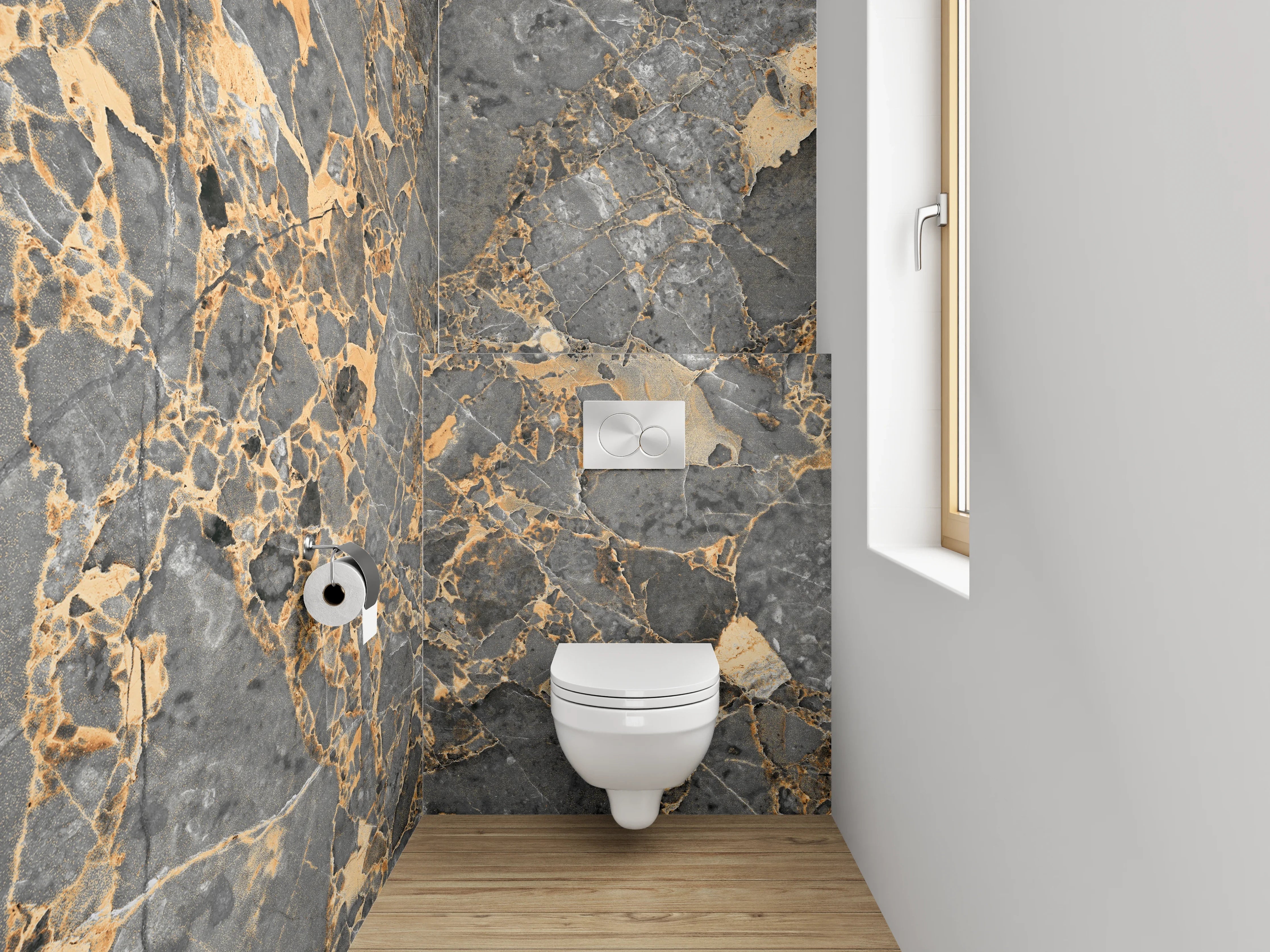 WC-Rückwand - Exklusiver grauer Marmor mit goldenen Adern