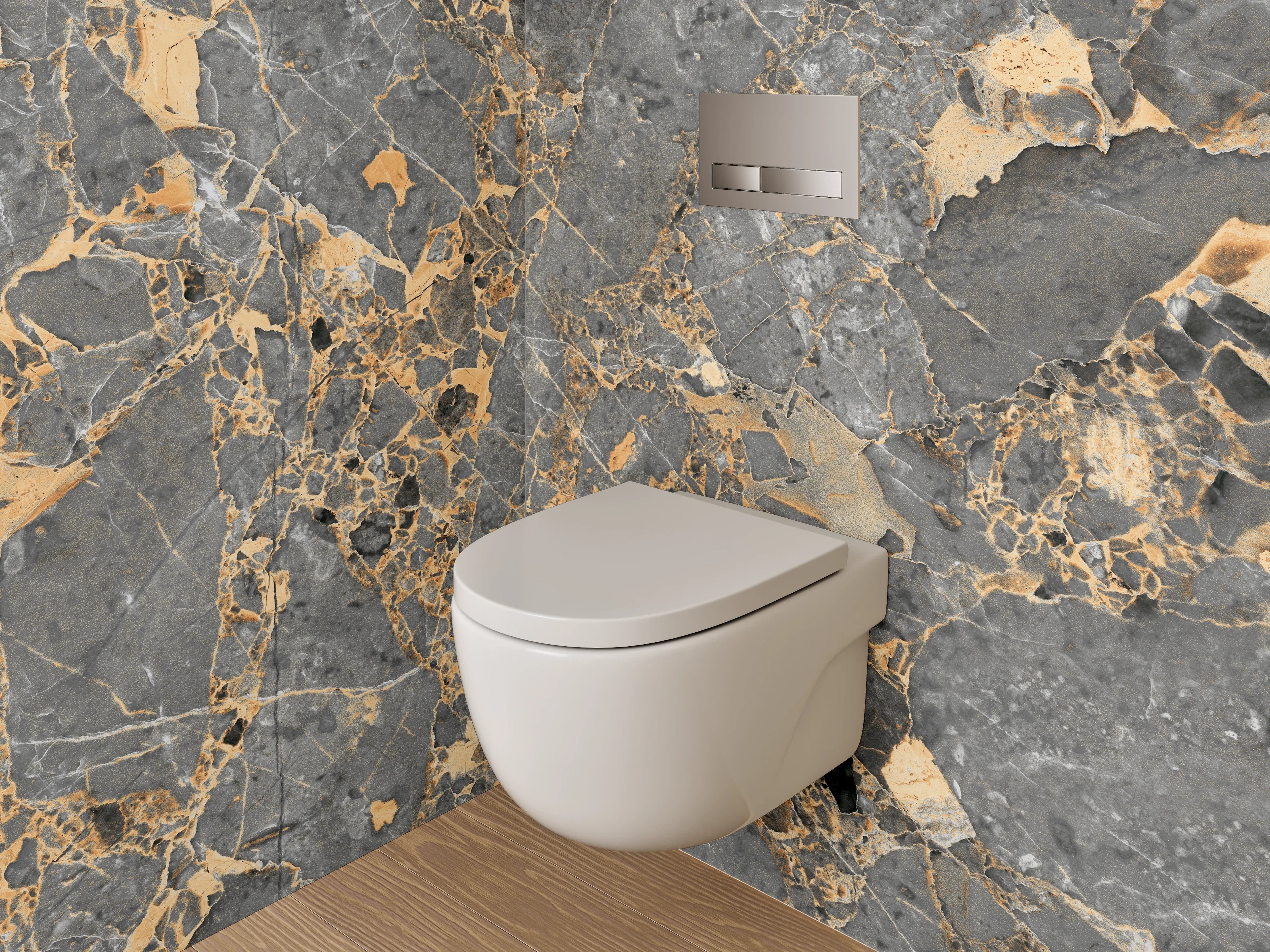 WC-Rückwand - Exklusiver grauer Marmor mit goldenen Adern