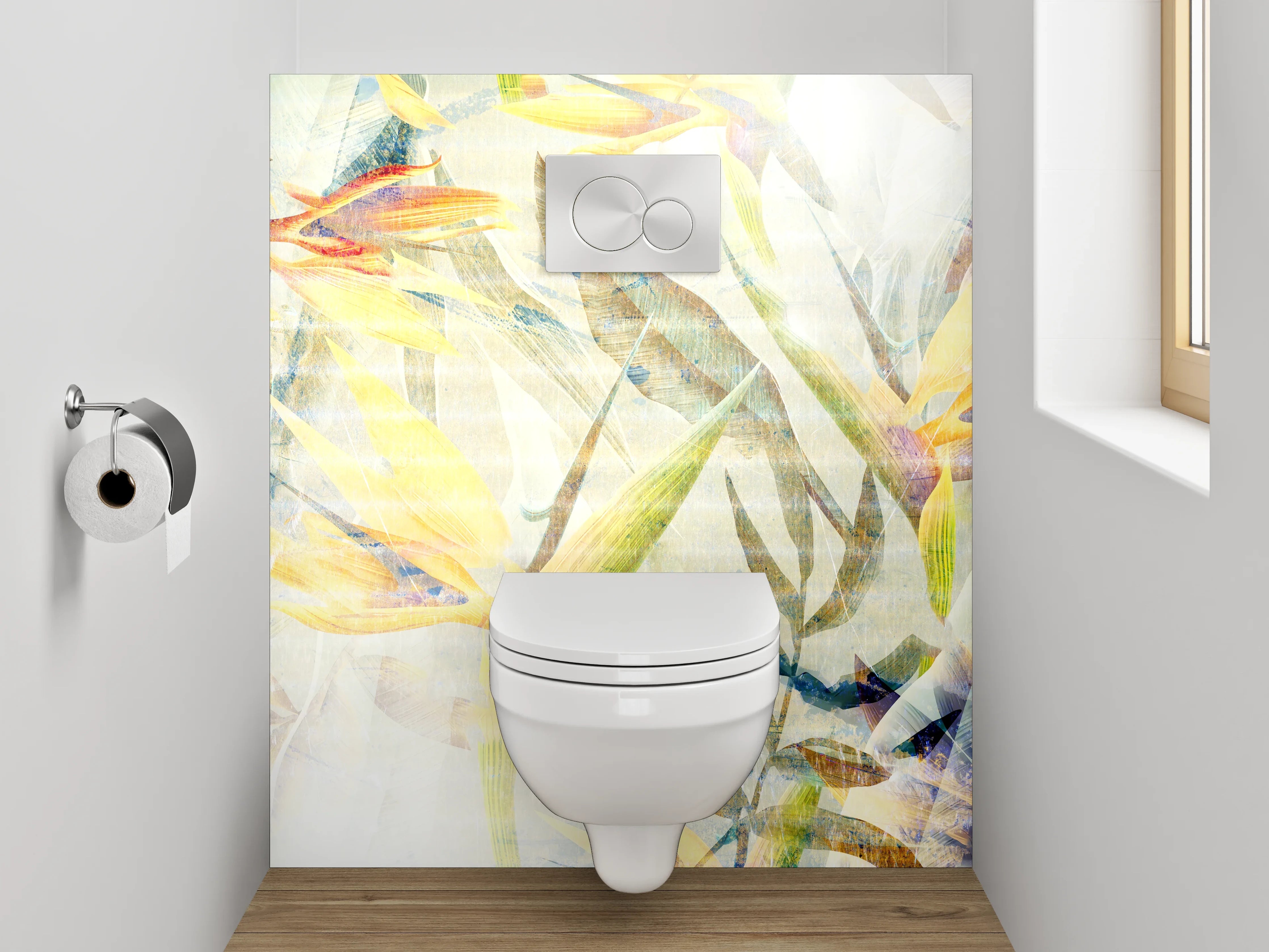 WC-Rückwand - Exotische Aquarell-Blumen auf hellem Grund
