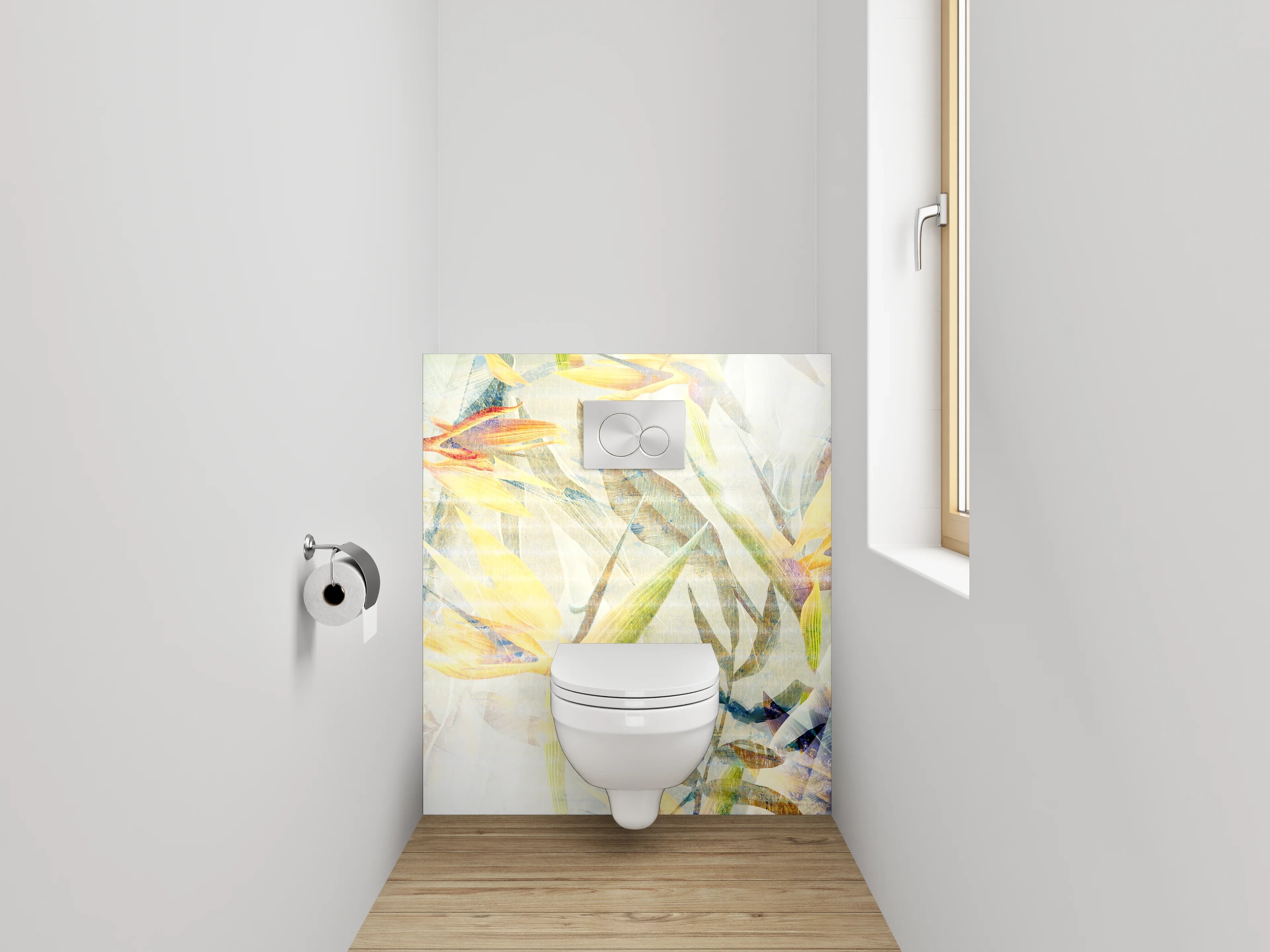 WC-Rückwand - Exotische Aquarell-Blumen auf hellem Grund