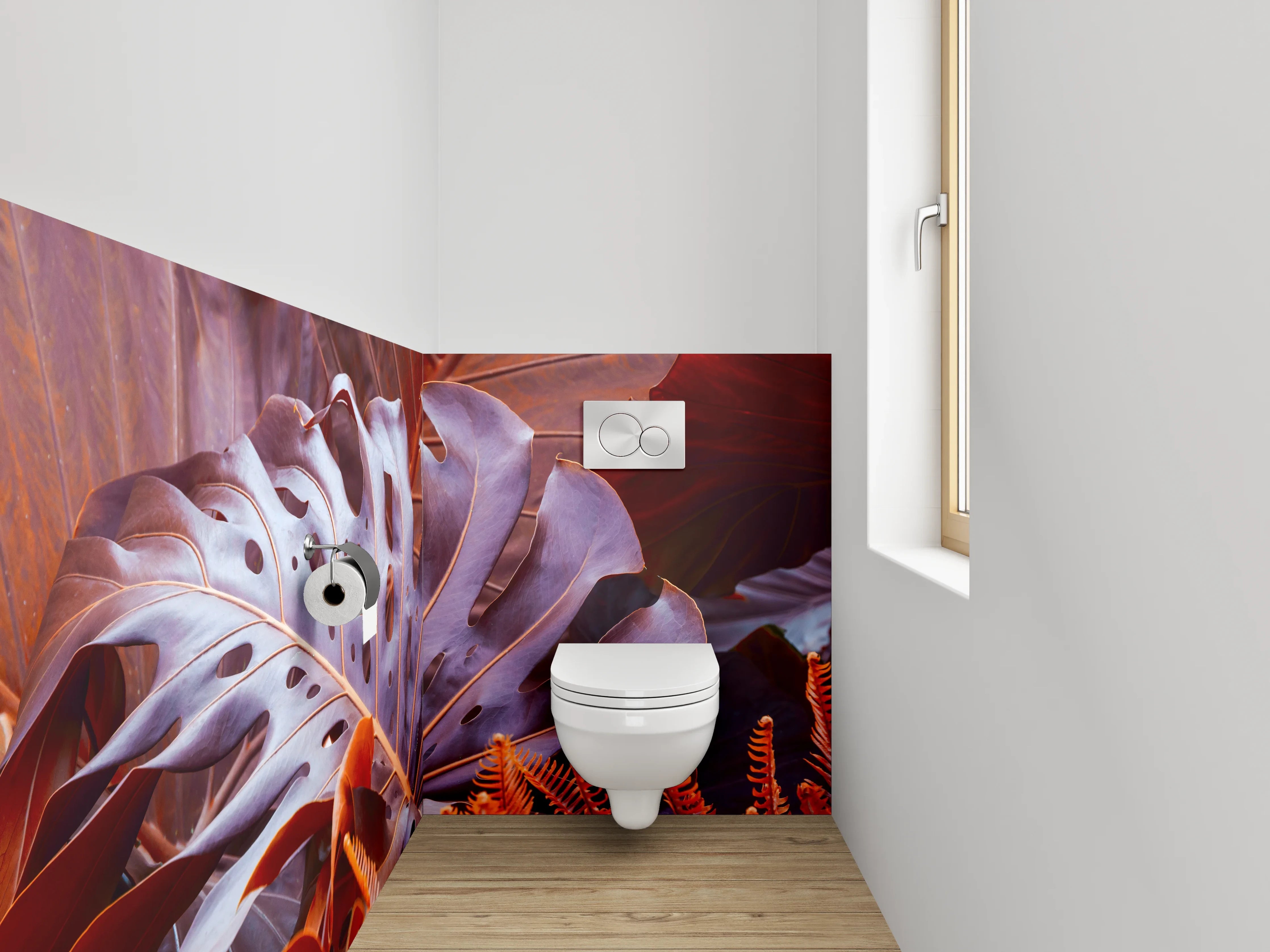 WC-Rückwand - Exotische Blätter in Rot-Orange