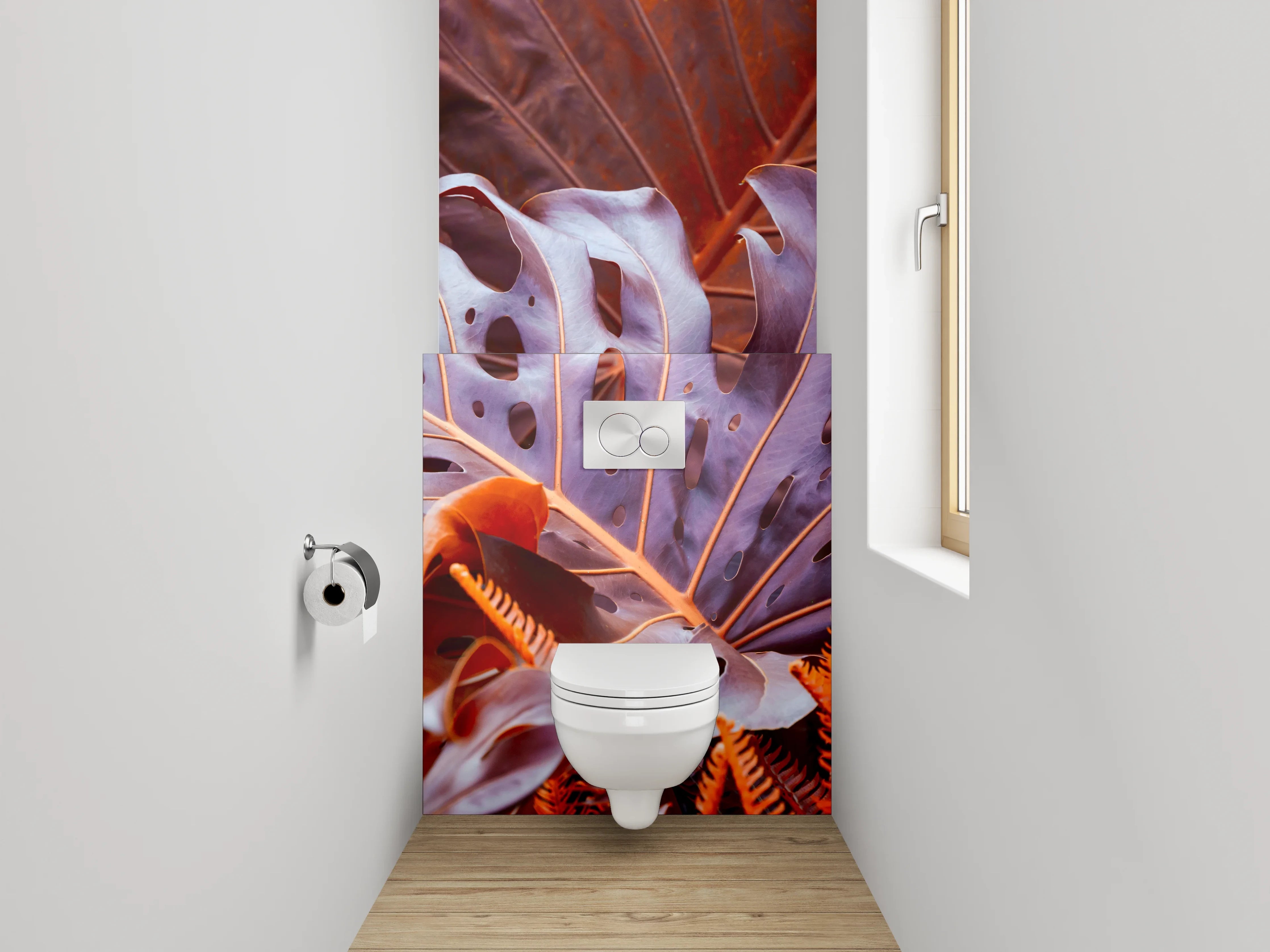 WC-Rückwand - Exotische Blätter in Rot-Orange