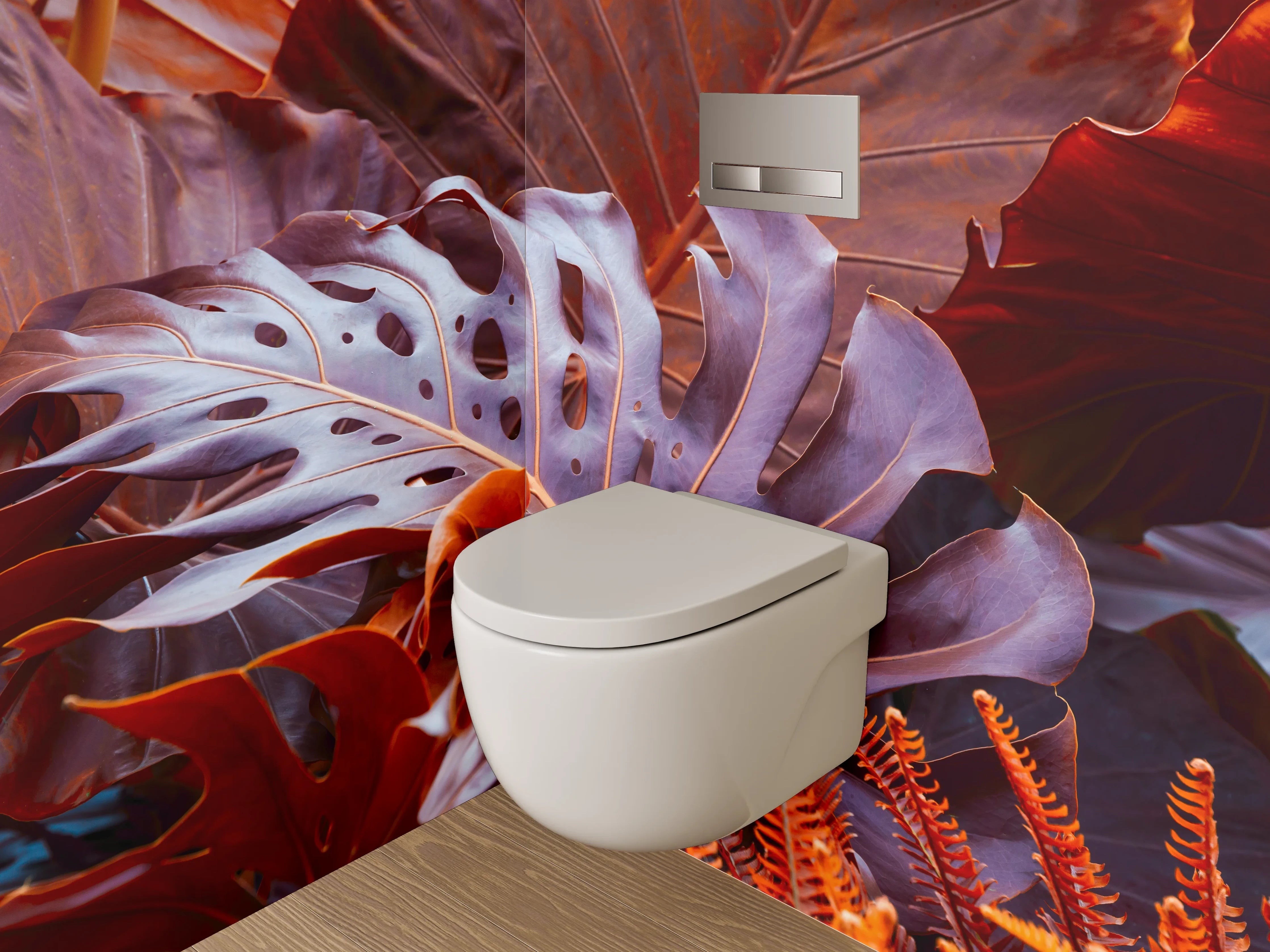 WC-Rückwand - Exotische Blätter in Rot-Orange