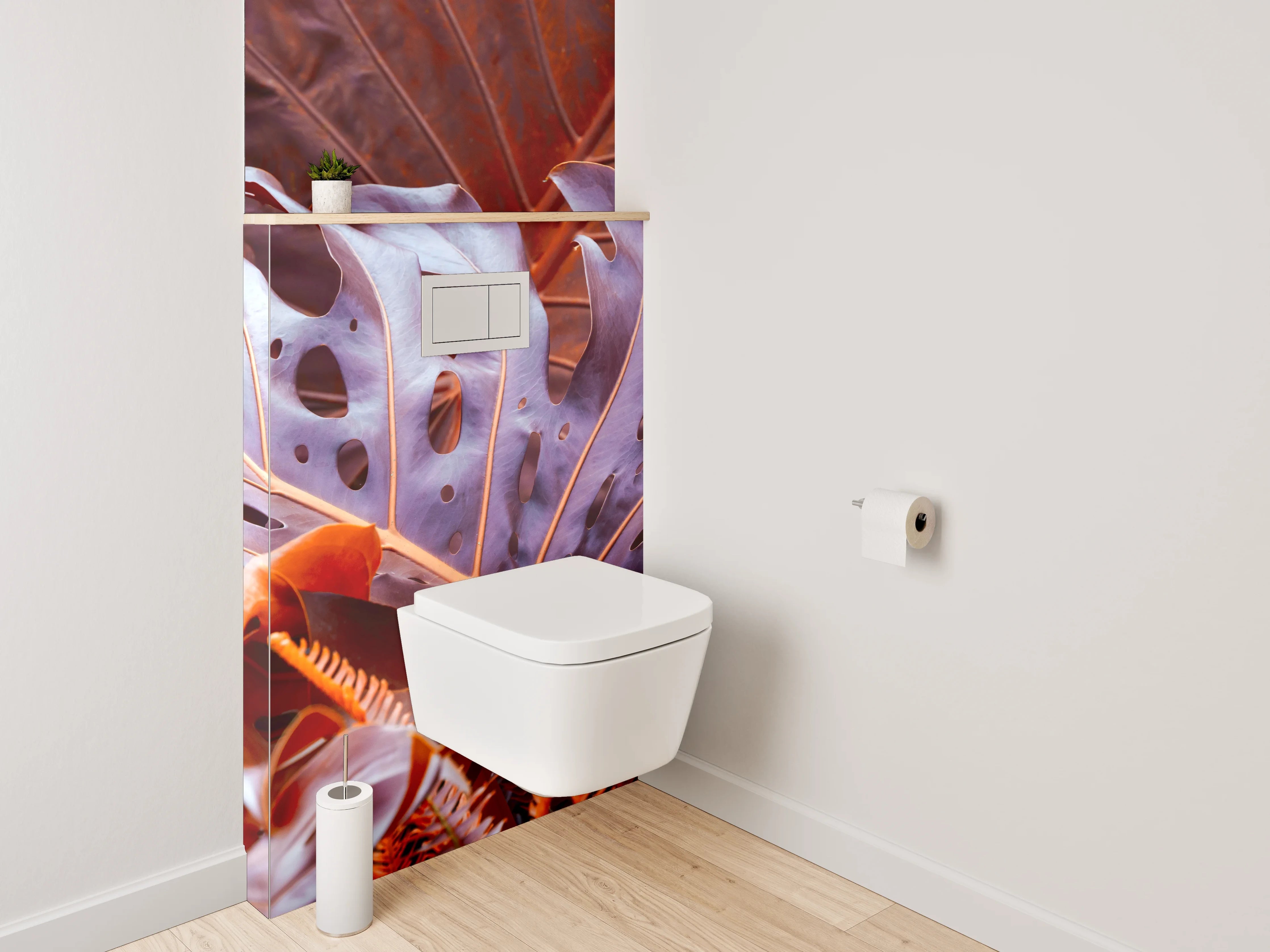 WC-Rückwand - Exotische Blätter in Rot-Orange