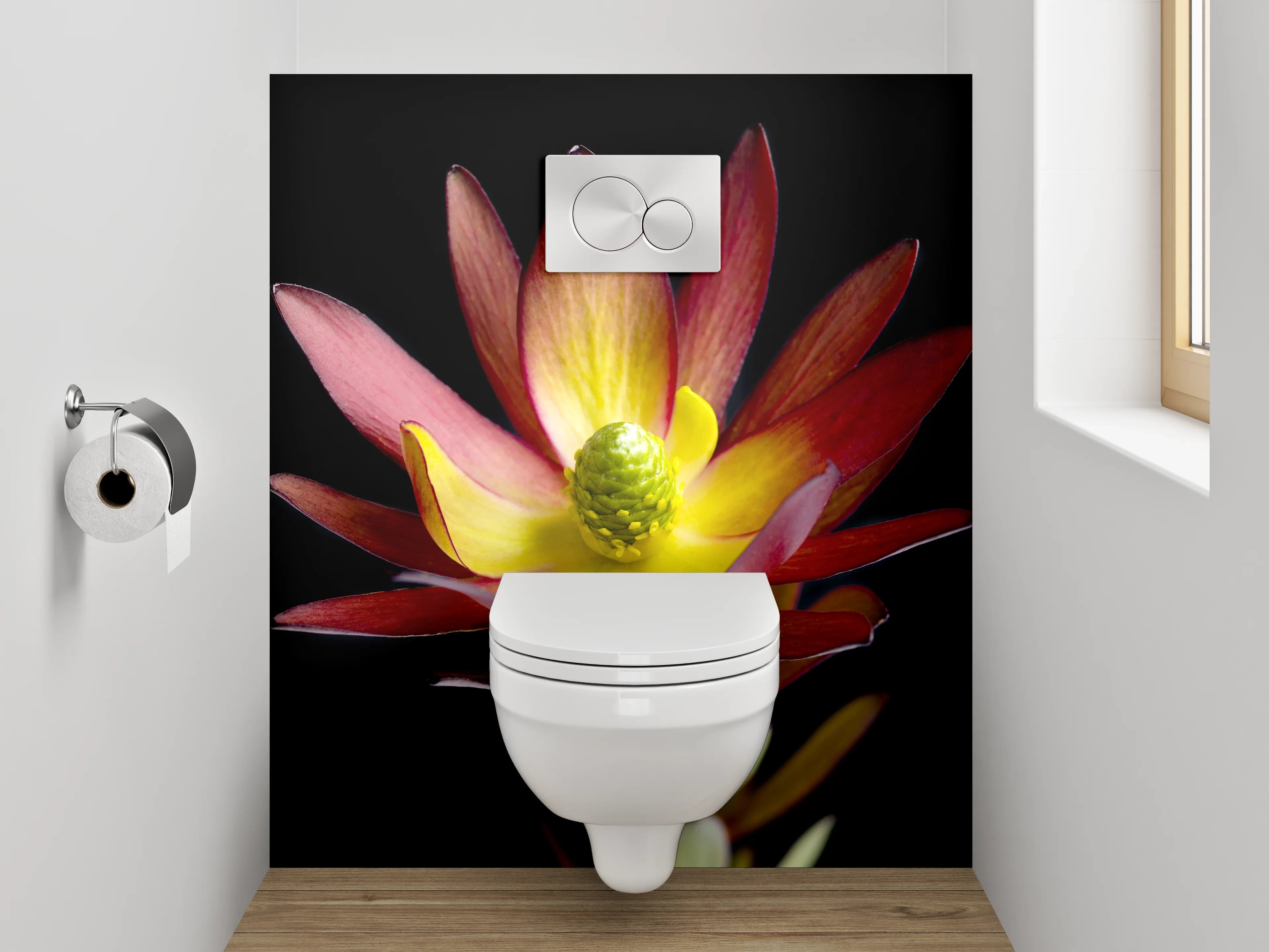 WC-Rückwand - Exotische Blüte auf schwarzem Hintergrund