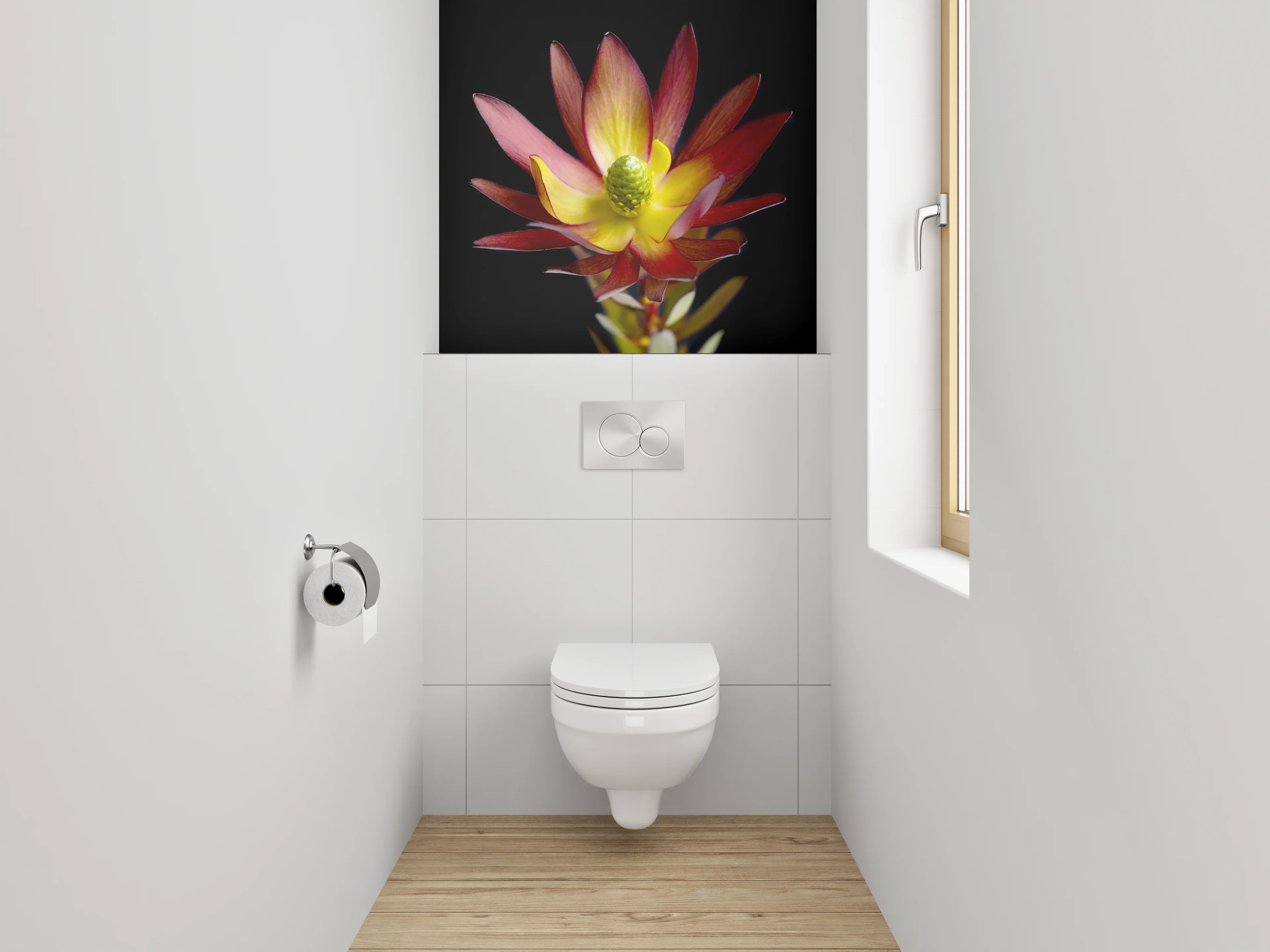 WC-Rückwand - Exotische Blüte auf schwarzem Hintergrund