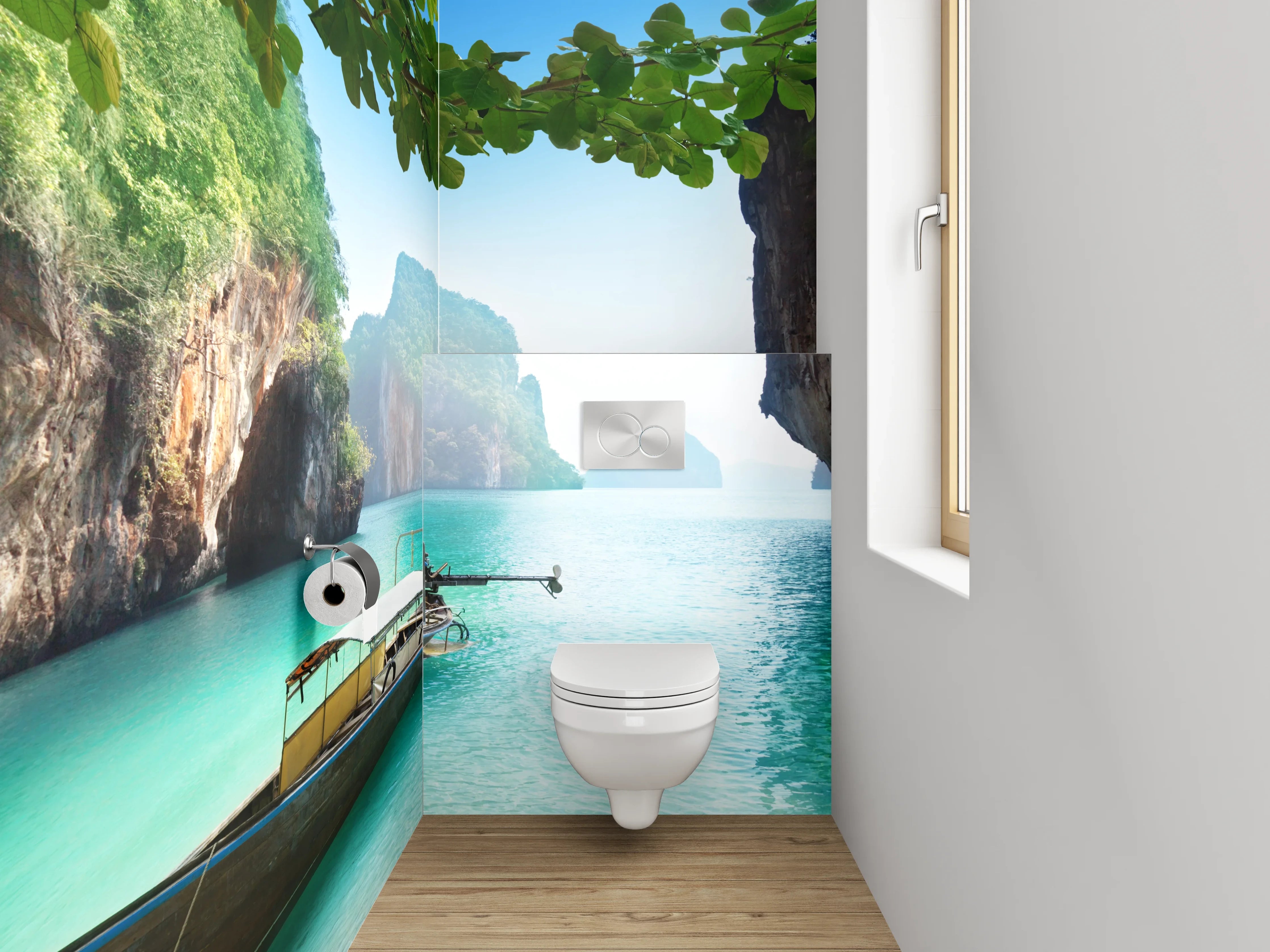WC-Rückwand - Exotische Bucht mit traditionellem Boot