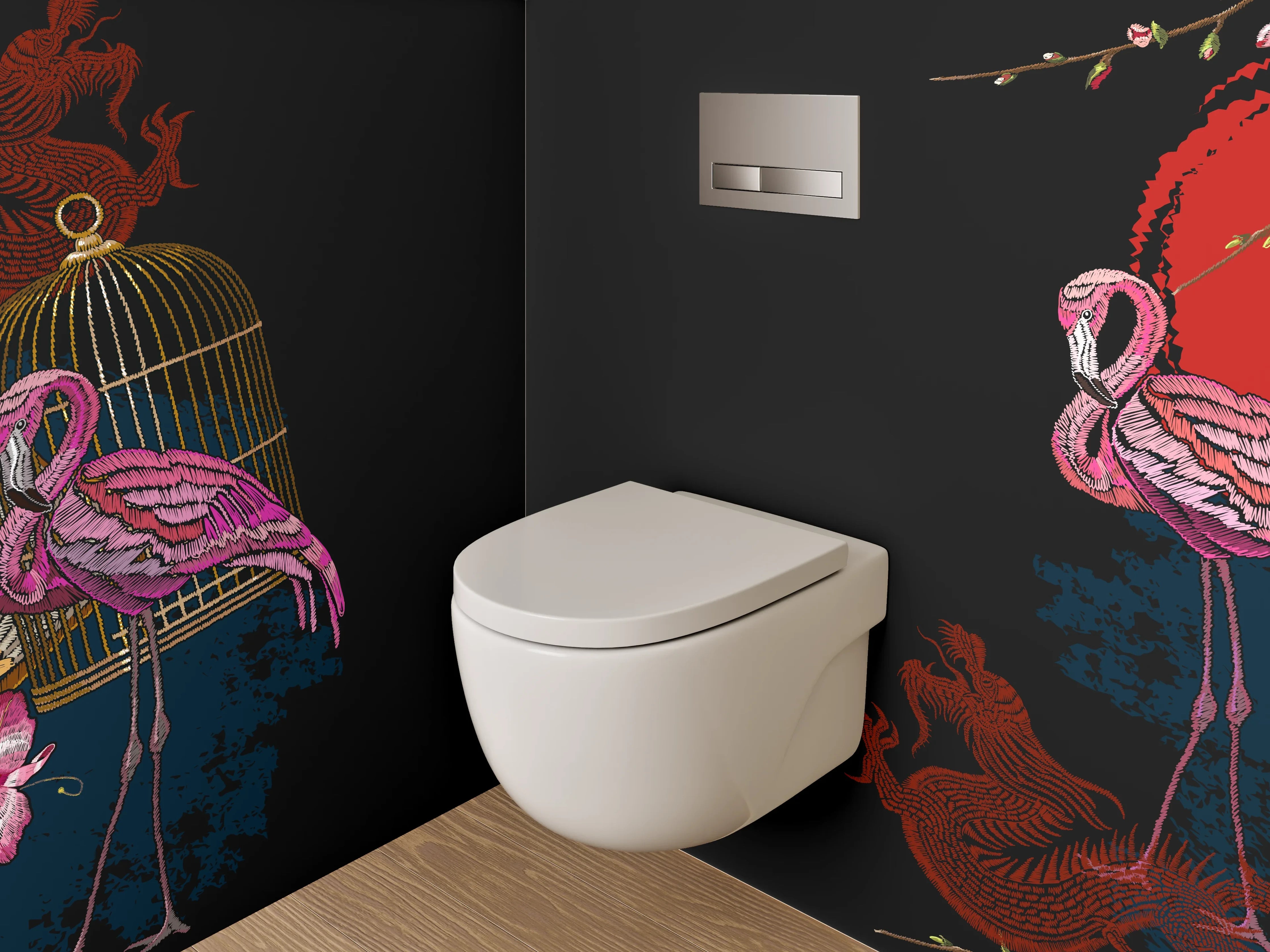 WC-Rückwand - Exotische Flamingos mit Fächer und Blüten