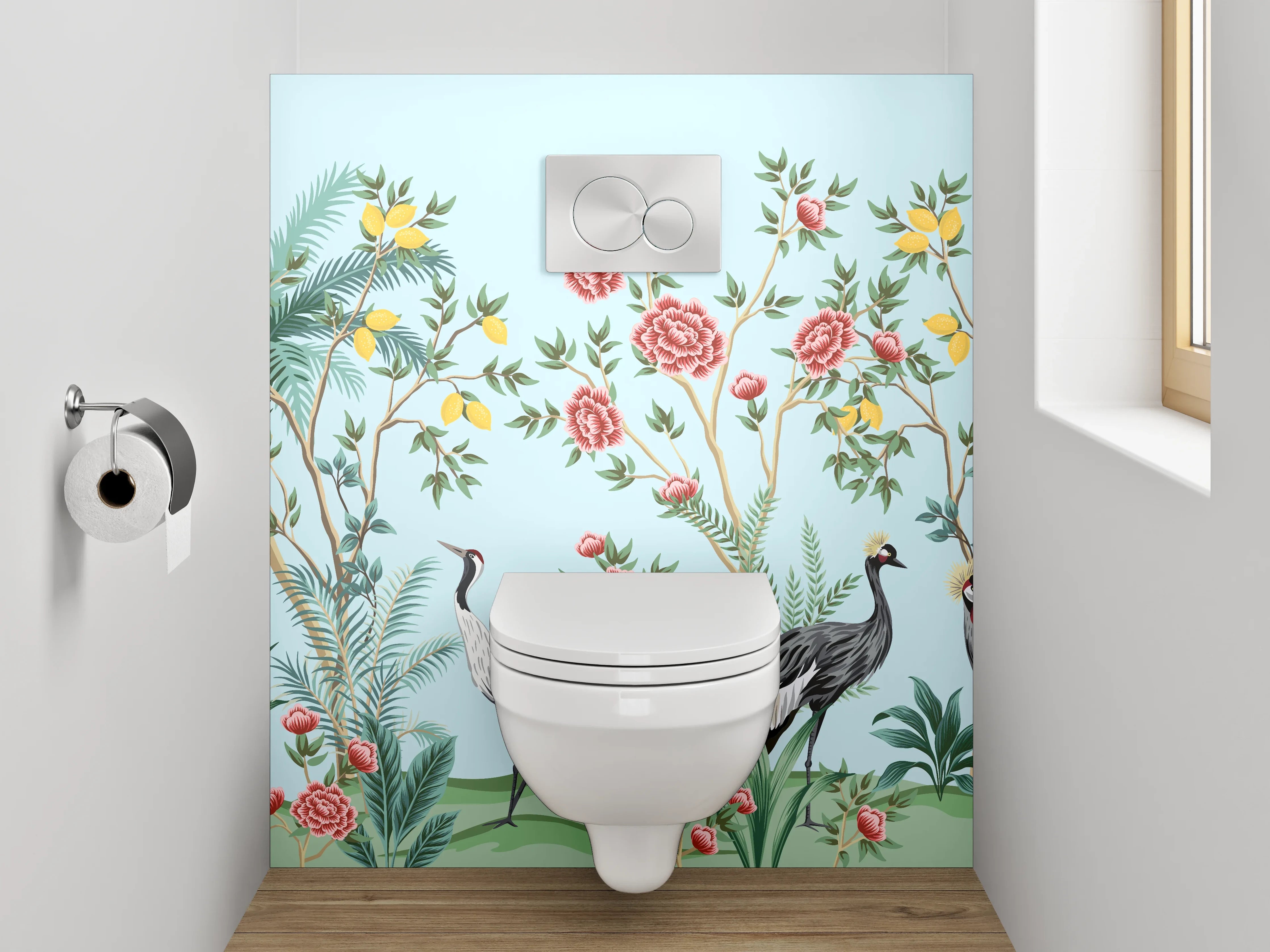WC-Rückwand - Exotische Kraniche & Blüten Design
