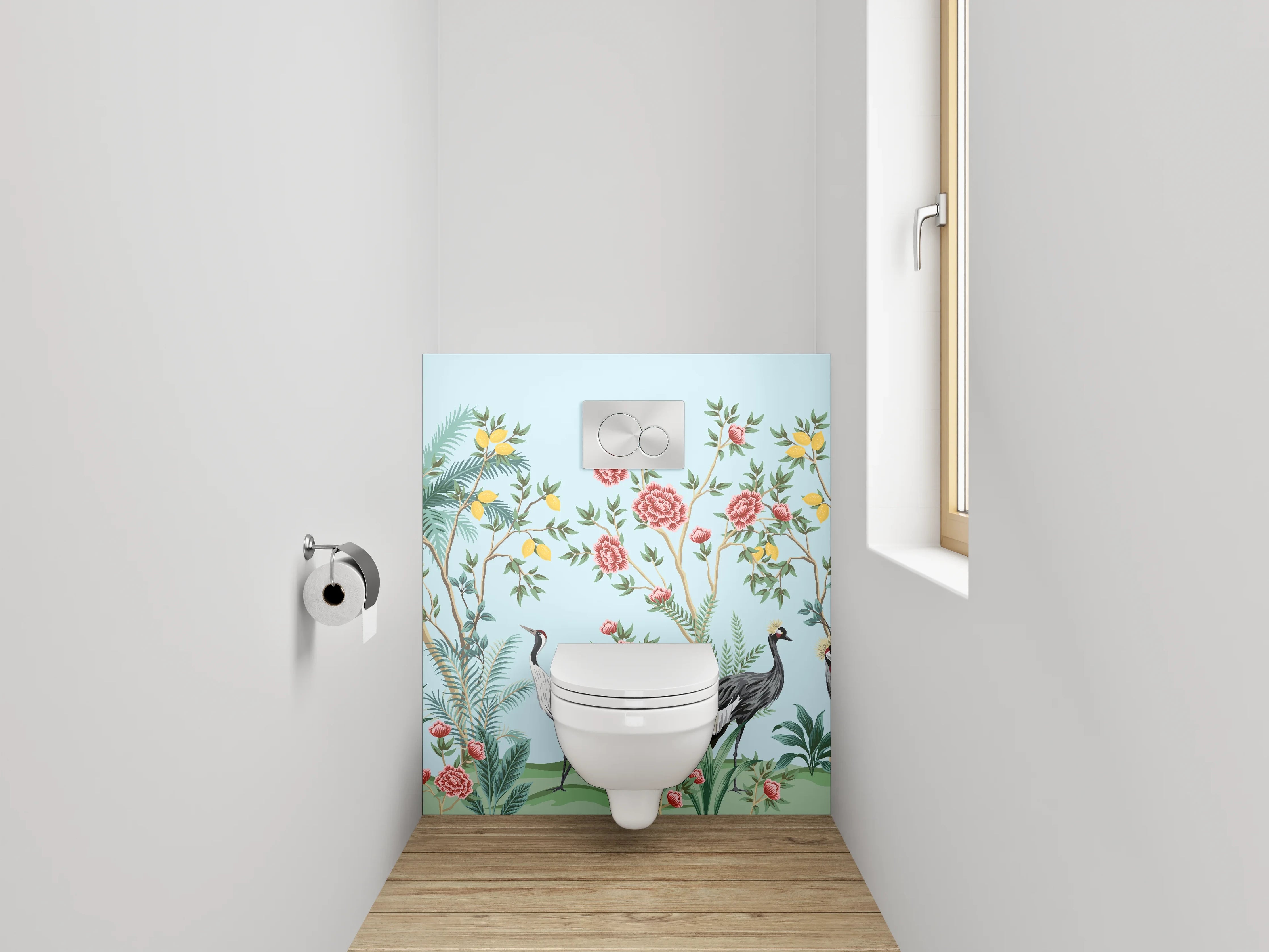 WC-Rückwand - Exotische Kraniche & Blüten Design