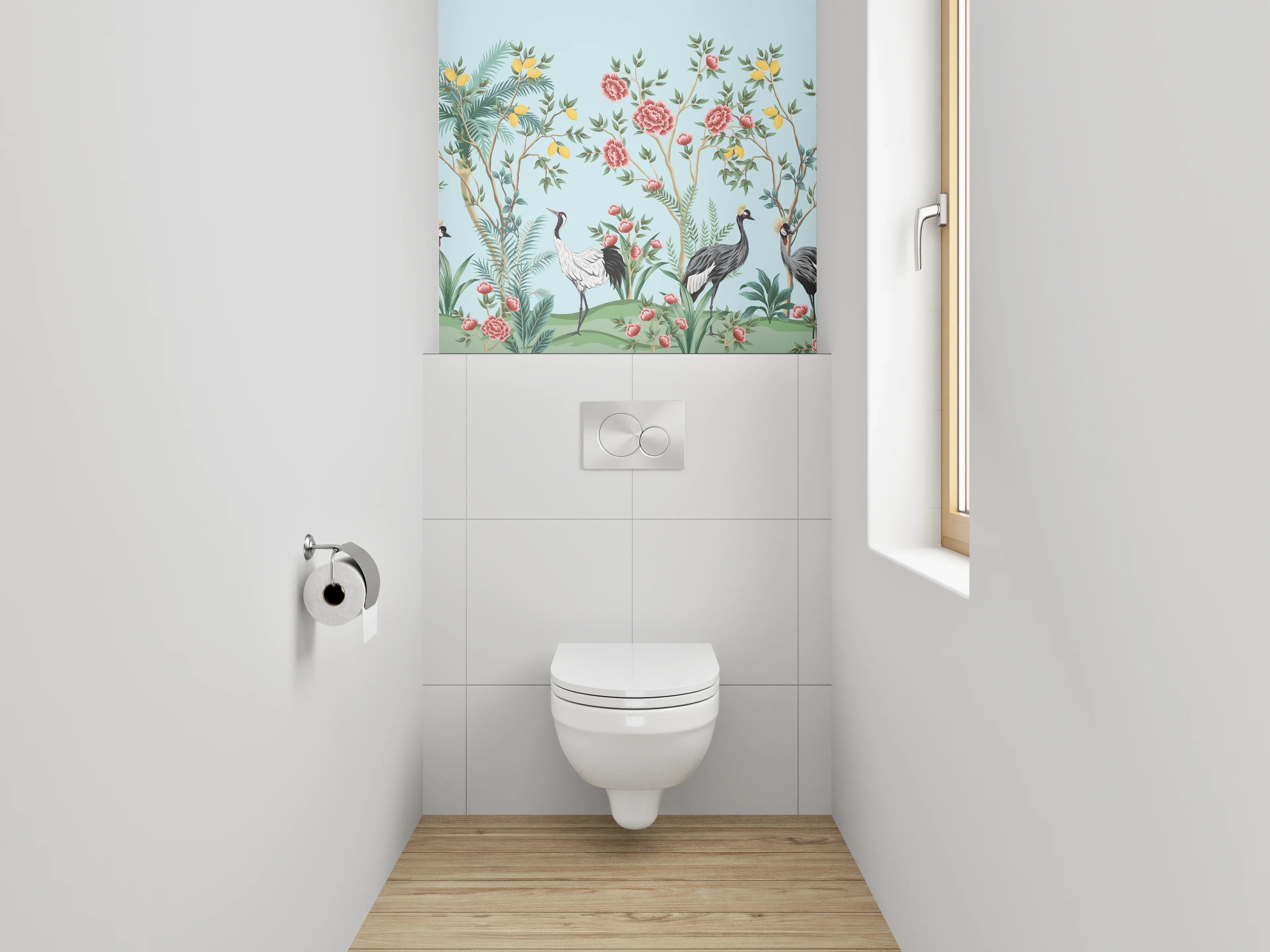 WC-Rückwand - Exotische Kraniche & Blüten Design