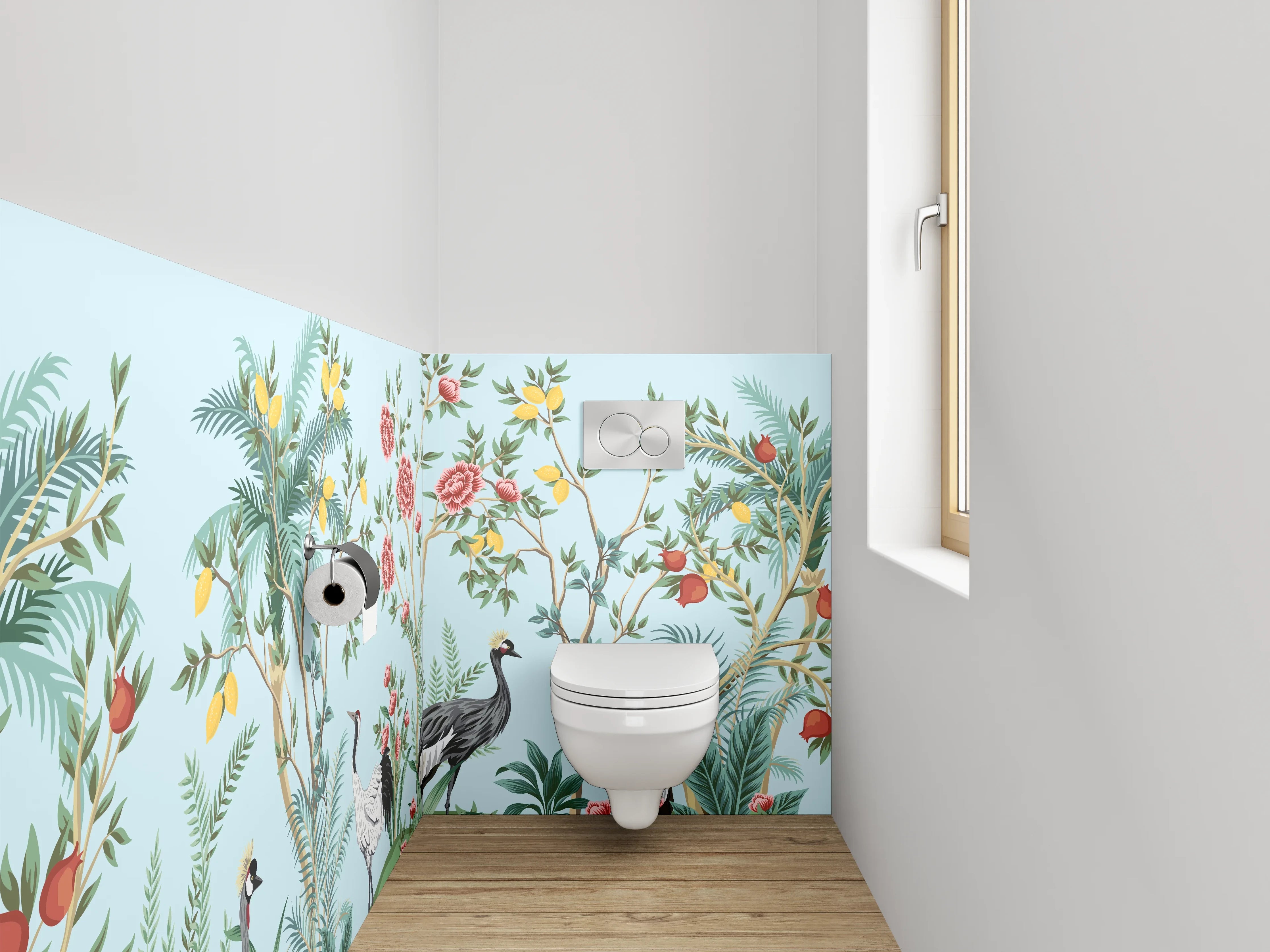 WC-Rückwand - Exotische Kraniche & Blüten Design