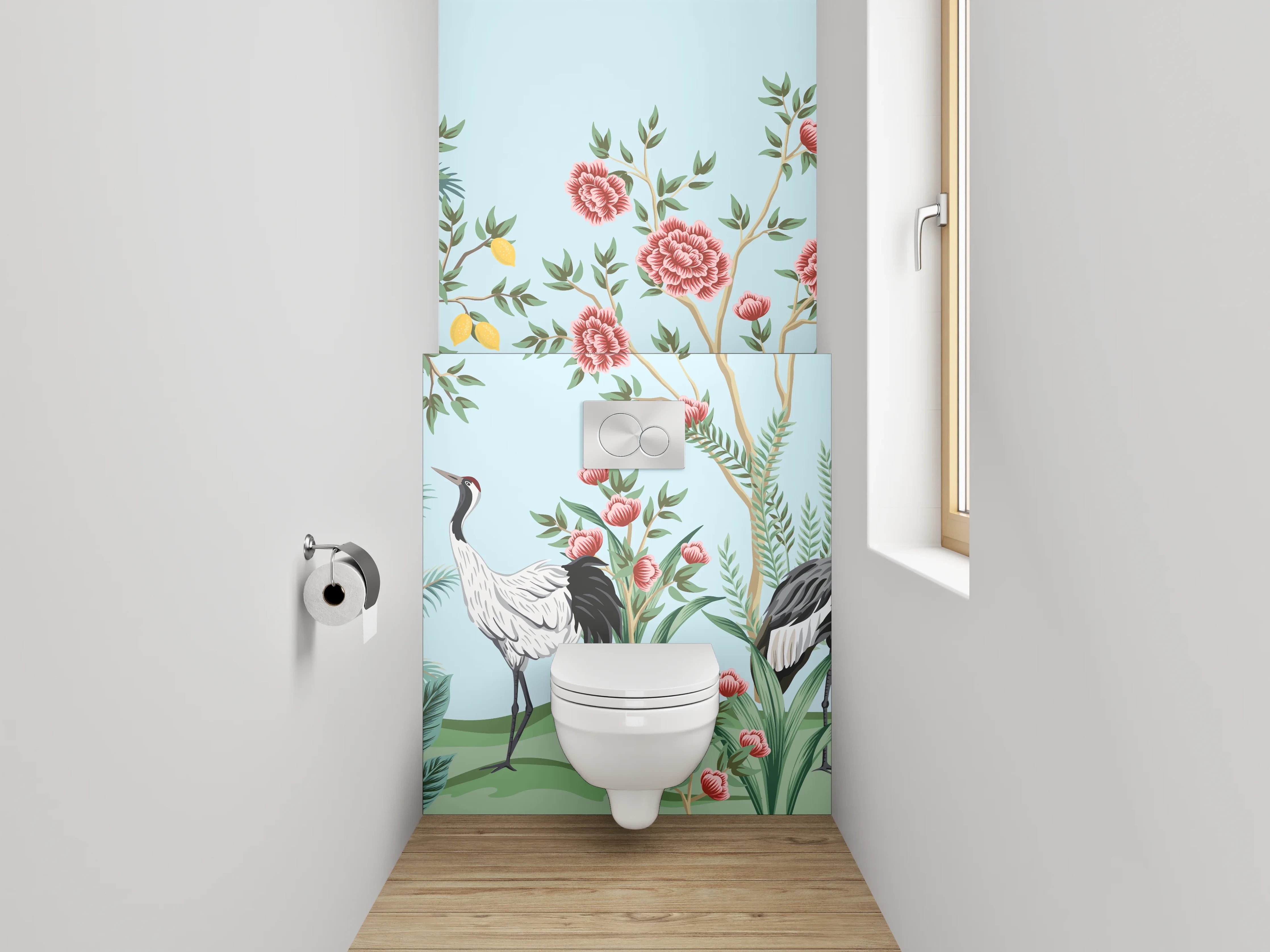 WC-Rückwand - Exotische Kraniche & Blüten Design