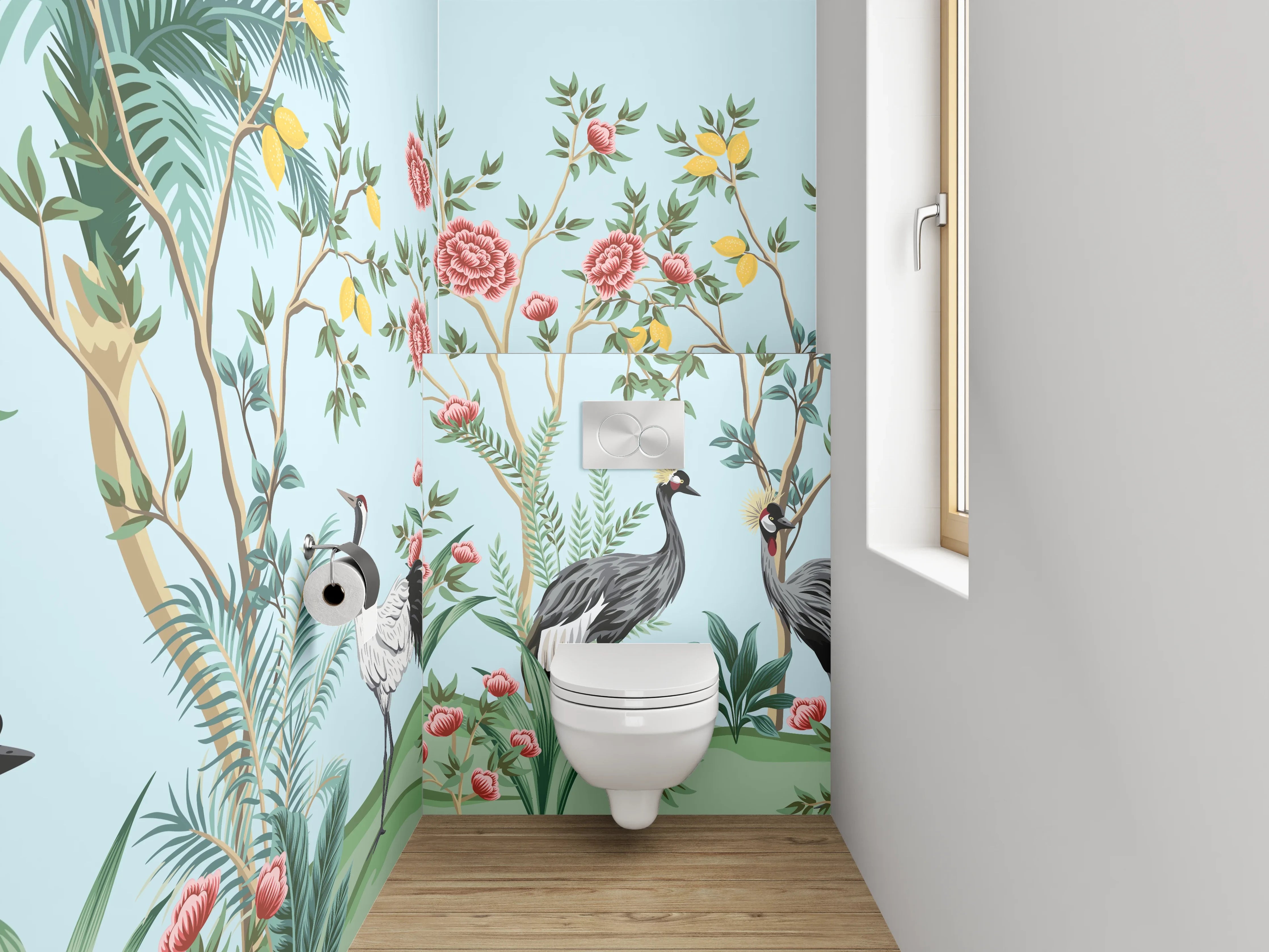 WC-Rückwand - Exotische Kraniche & Blüten Design