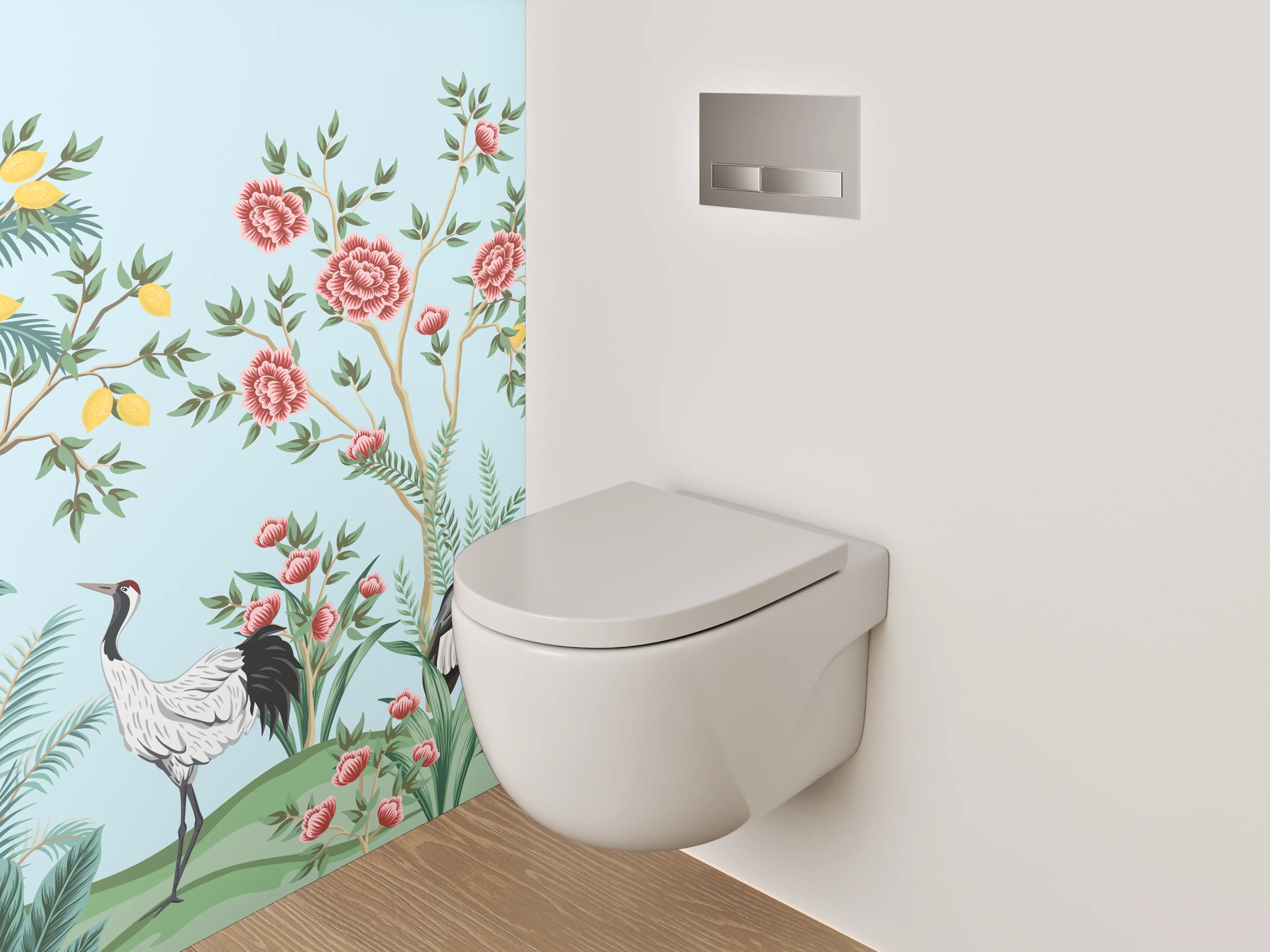WC-Rückwand - Exotische Kraniche & Blüten Design