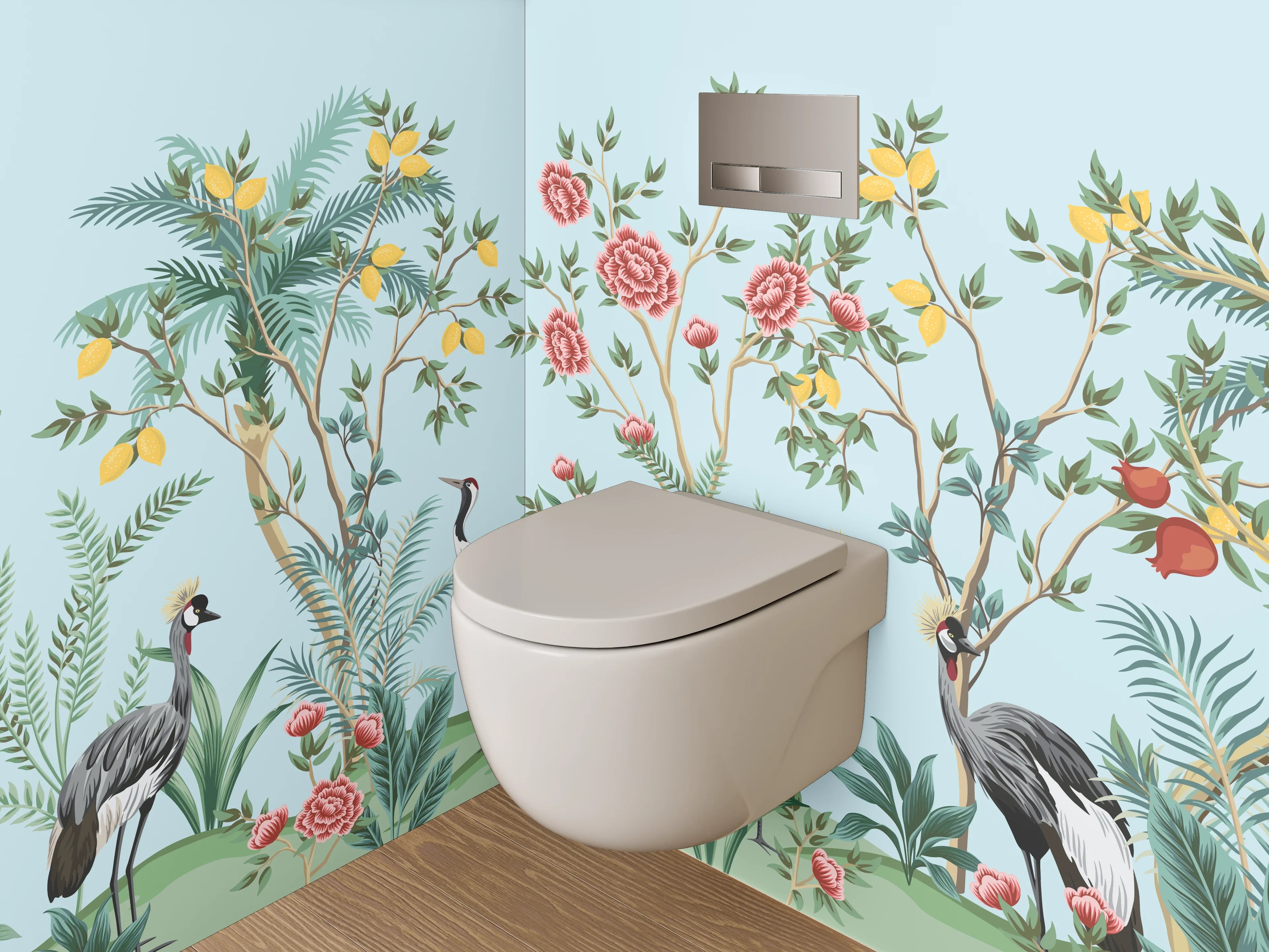 WC-Rückwand - Exotische Kraniche & Blüten Design