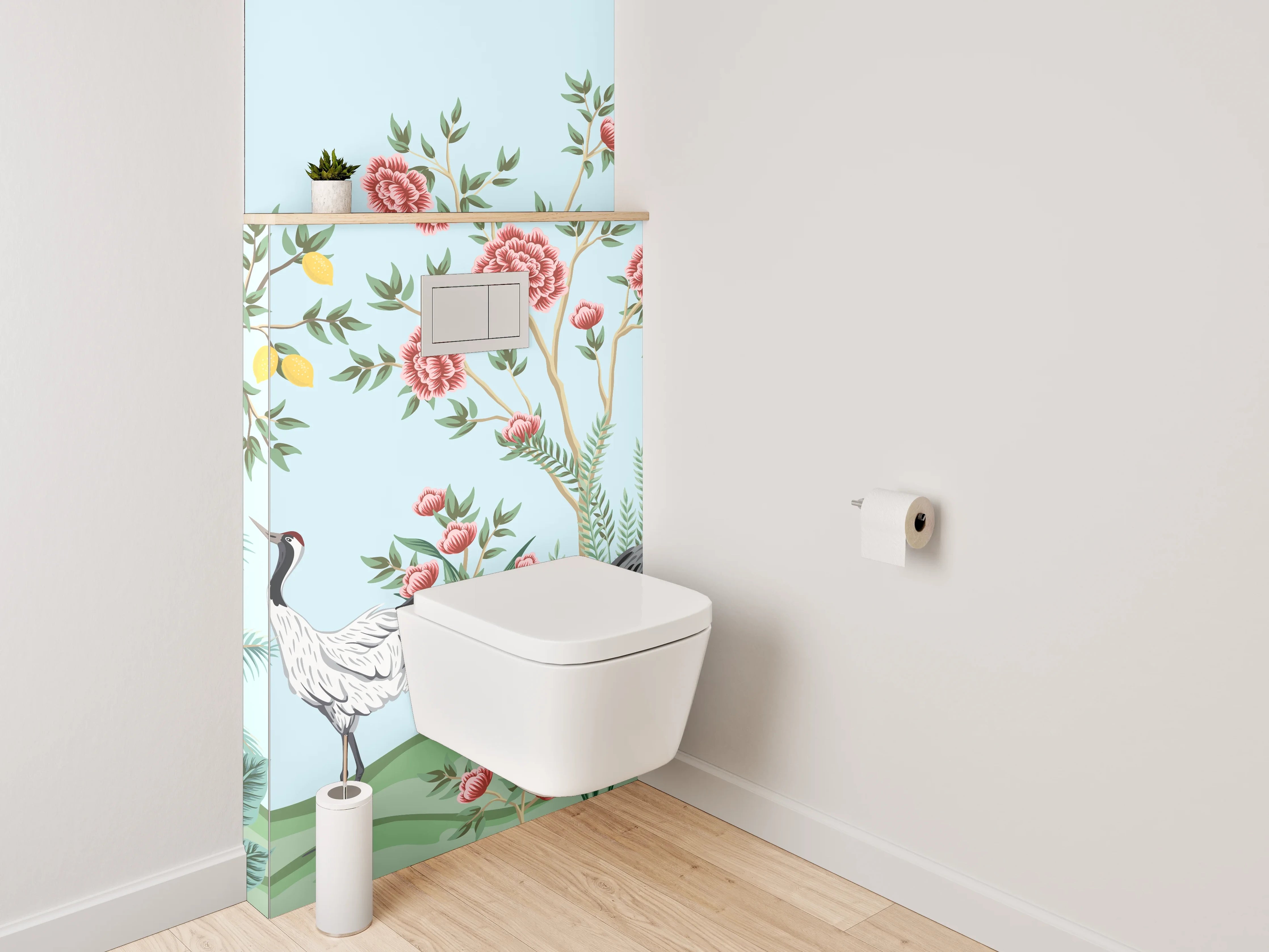 WC-Rückwand - Exotische Kraniche & Blüten Design