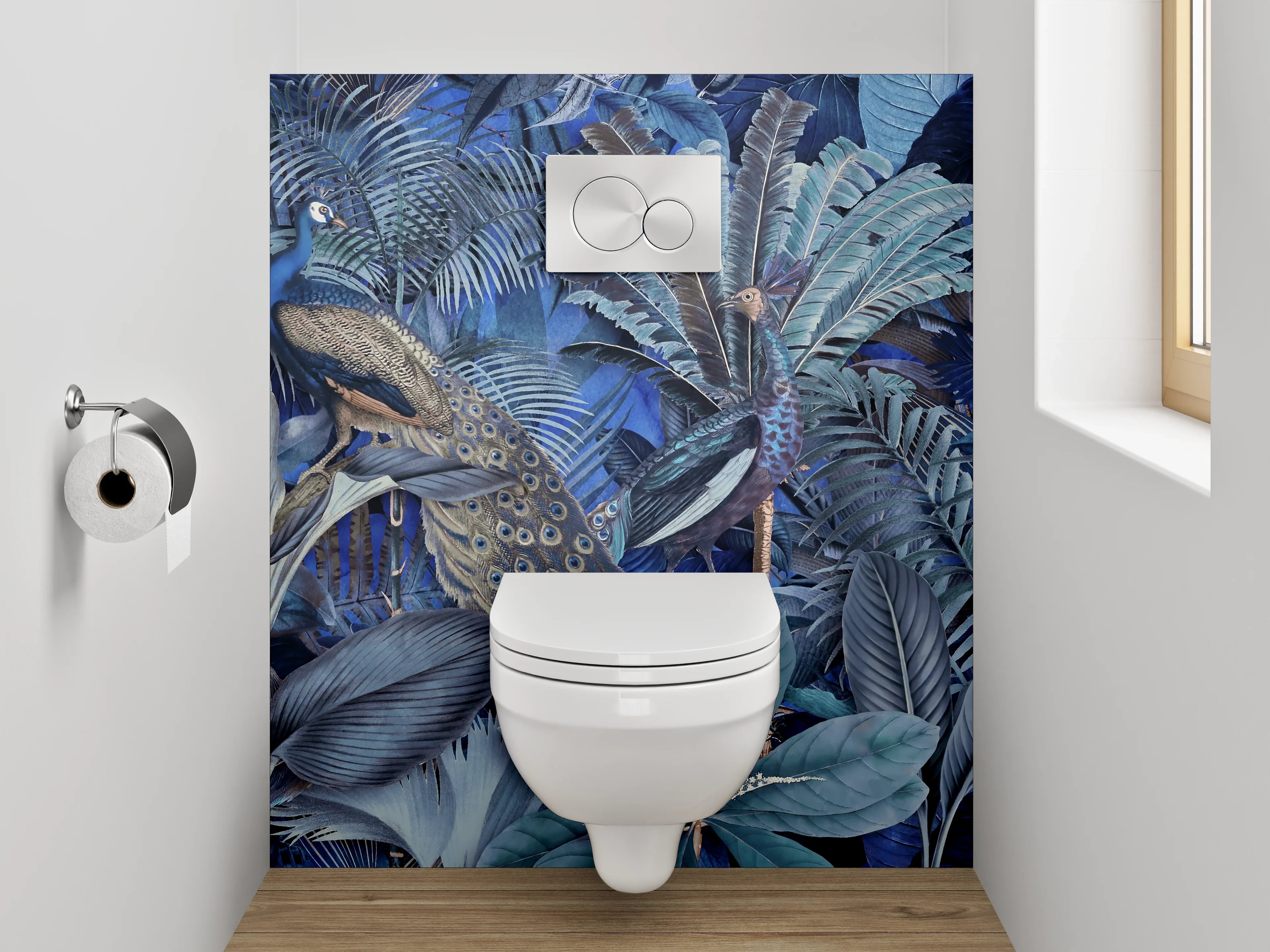 WC-Rückwand - Exotischer Dschungel mit Pfau Blaugrün