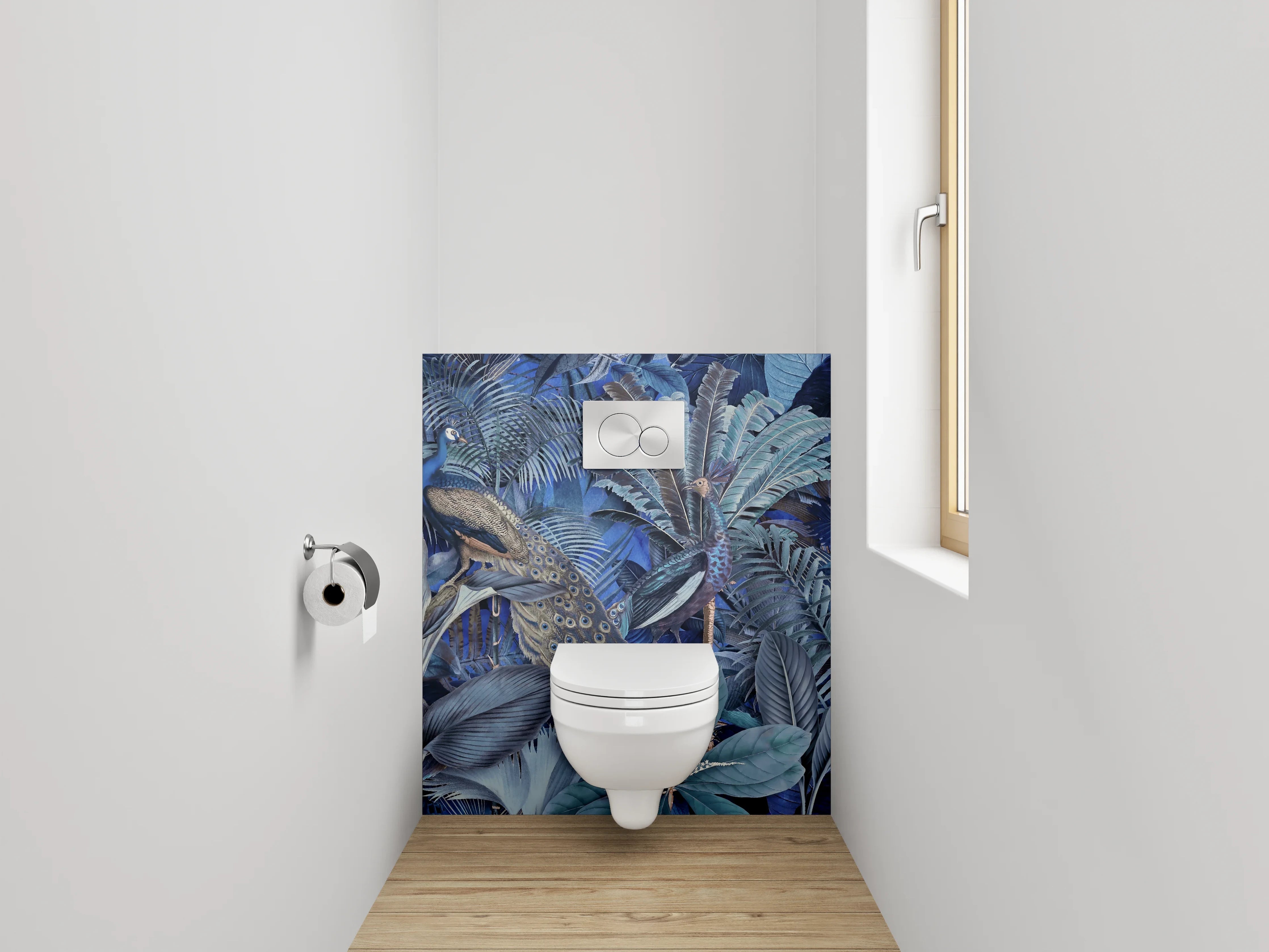 WC-Rückwand - Exotischer Dschungel mit Pfau Blaugrün