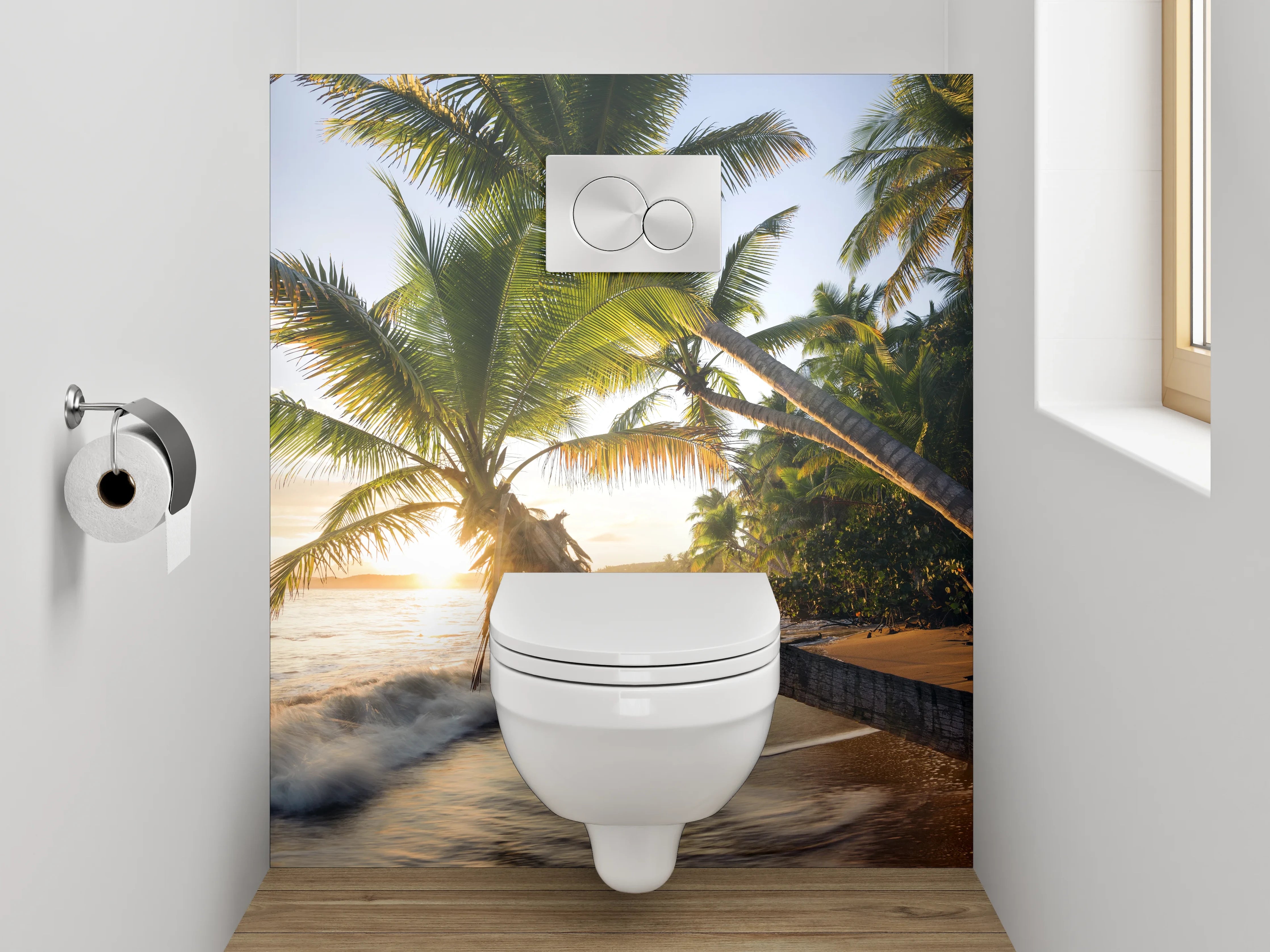 WC-Rückwand - Exotischer Sonnenuntergang am Palmenstrand