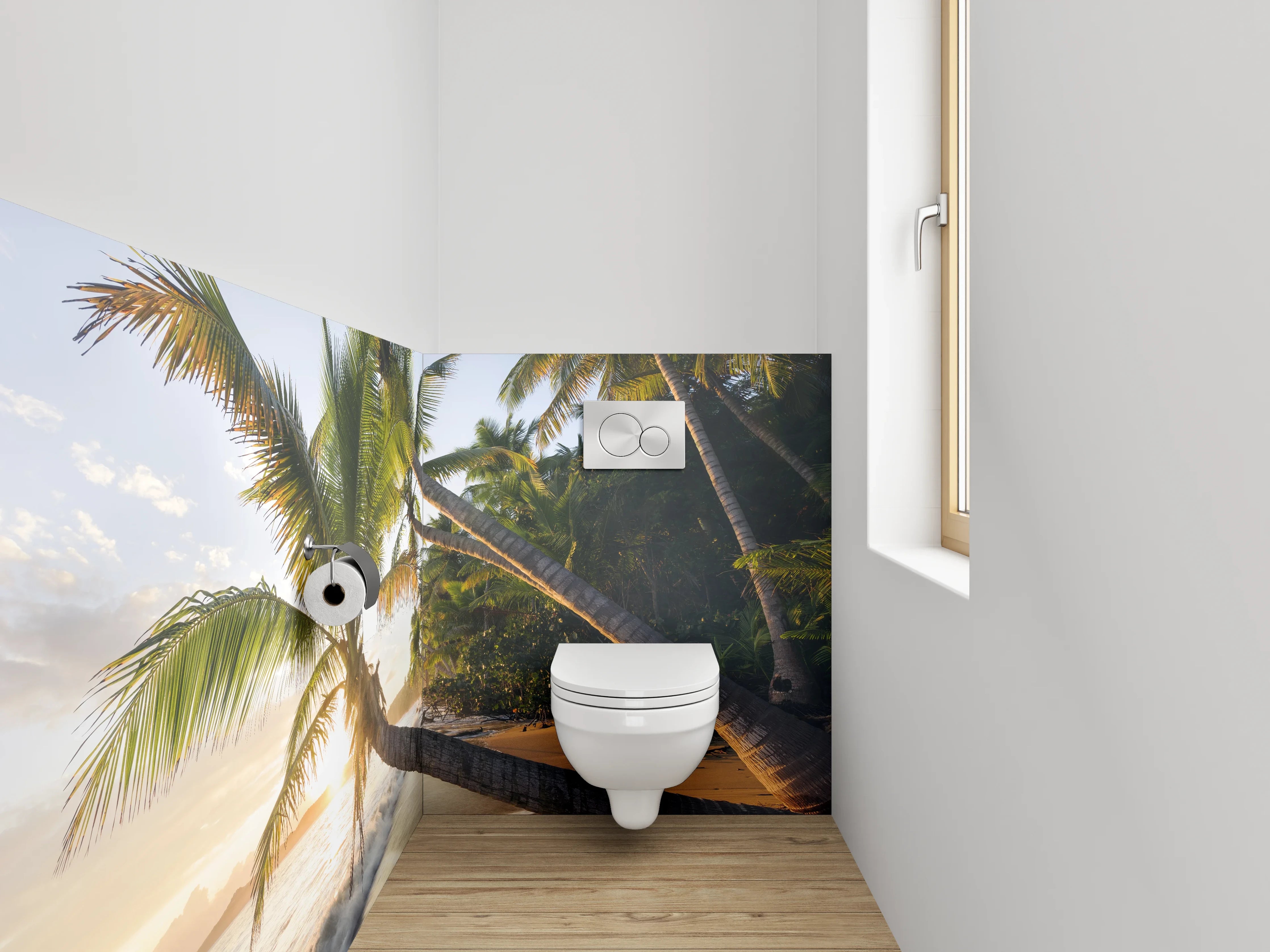 WC-Rückwand - Exotischer Sonnenuntergang am Palmenstrand