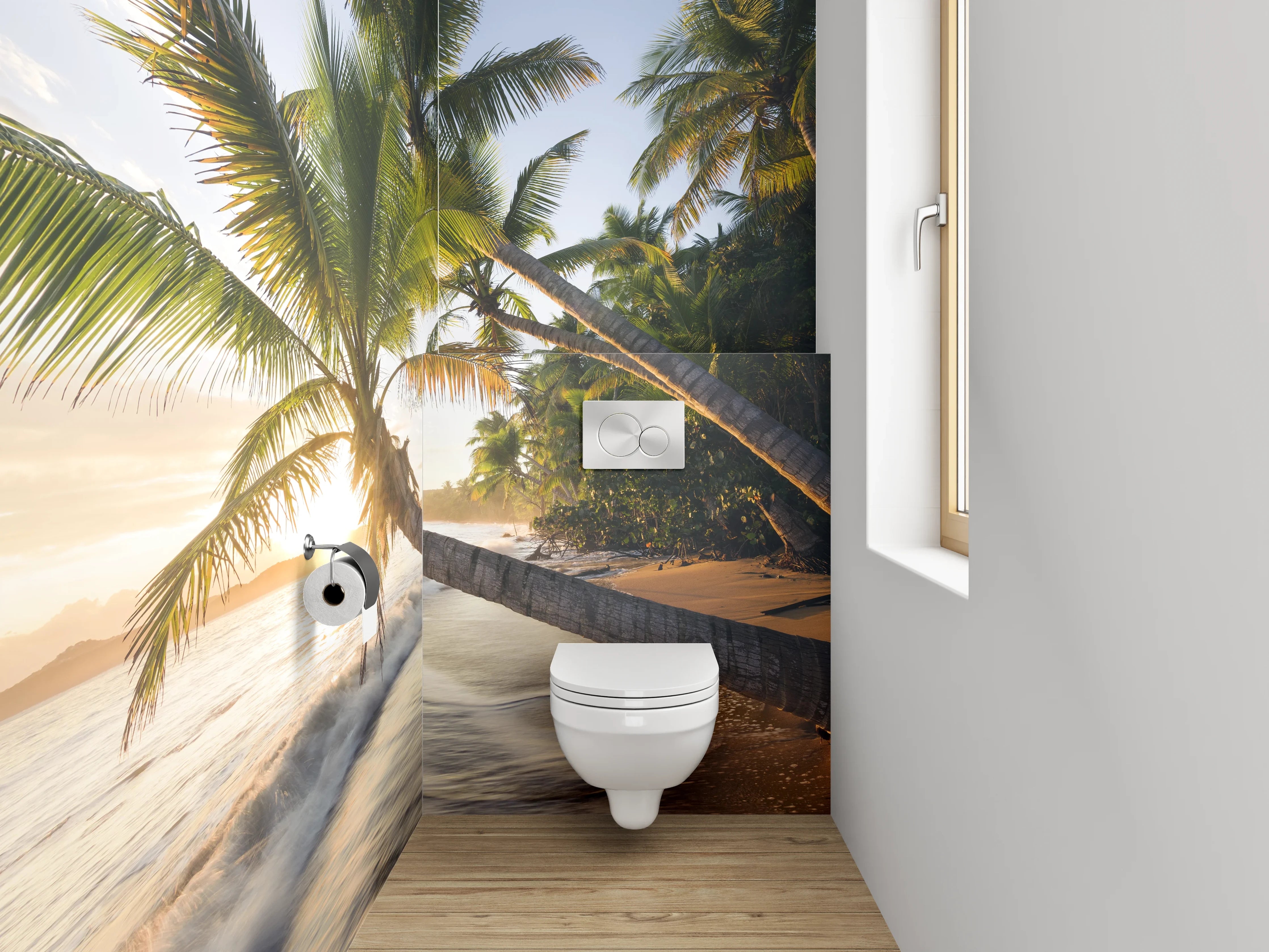 WC-Rückwand - Exotischer Sonnenuntergang am Palmenstrand